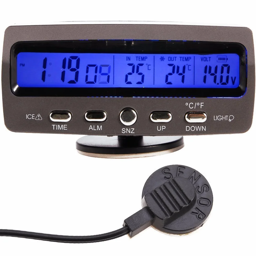 NAMVO Cyfrowy termometr LCD do użytku wewnątrz i na zewnątrz, woltomierz napięcia, miernik napięcia, do samochodów osobowych, data, zegar, alarm