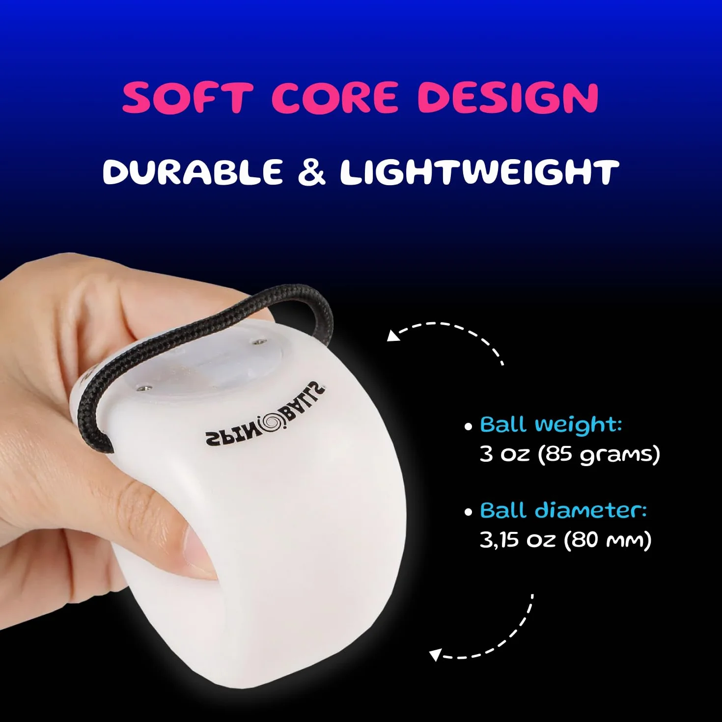 Spinballs Bolas Luminous - USB do ładowania z 22 trybami i kolorowymi wzorami świetlnymi - wytrzymała piłka do żonglowania, Soft-Core LED Kulki do Żonglerki z regulowanymi sznurkami i podwójną klamrą