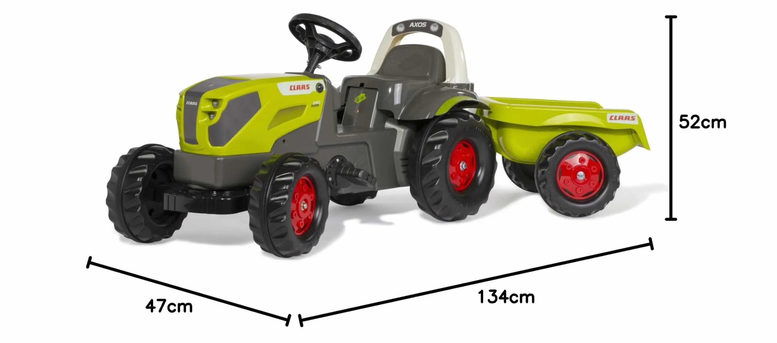Rolly Toys RollyKid CLAAS AXOS 240 traktor na pedały z przyczepą (dla dzieci w wieku 2,5-5 lat, regulowane napięcie łańcucha, tylne sprzęgło) 015047