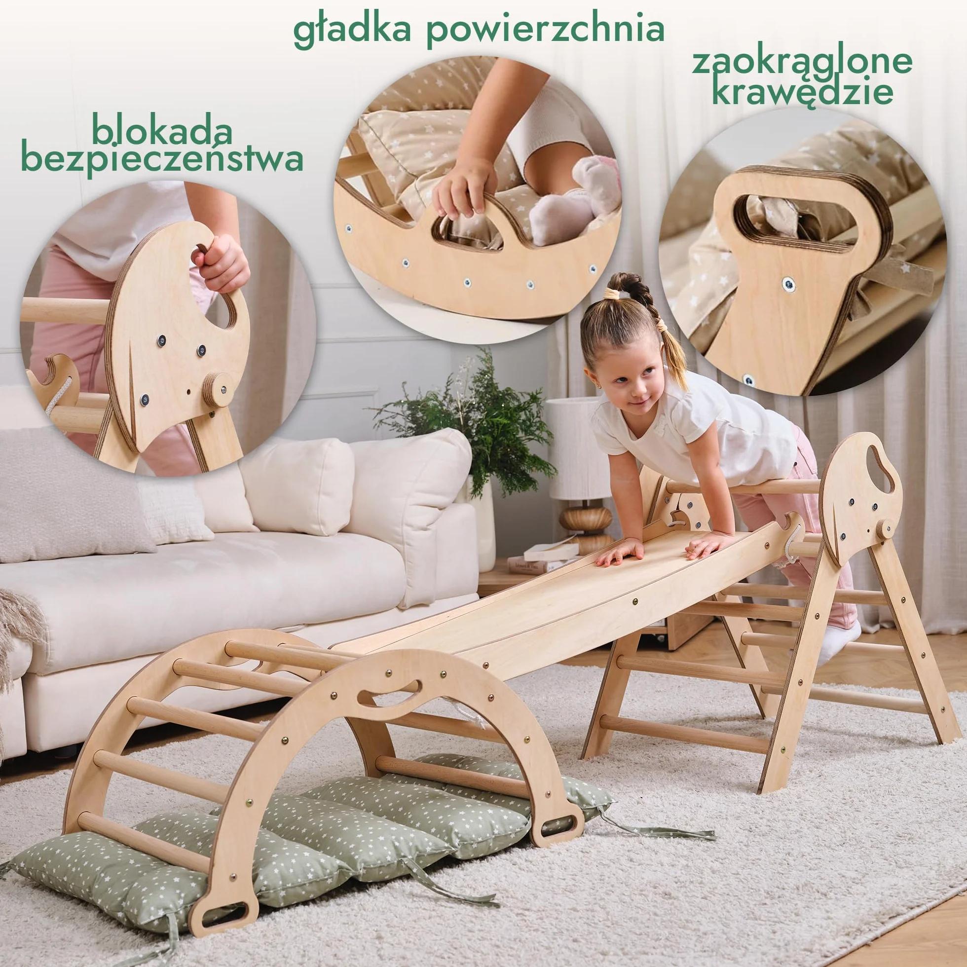 Goodevas Montessori Drewniana rama wspinaczkowa ze zjeżdżalnią – składana trójkątna siłownia do zabawy dla małych dzieci, bezpieczna zabawka dla dzieci w wieku 1-3 lat