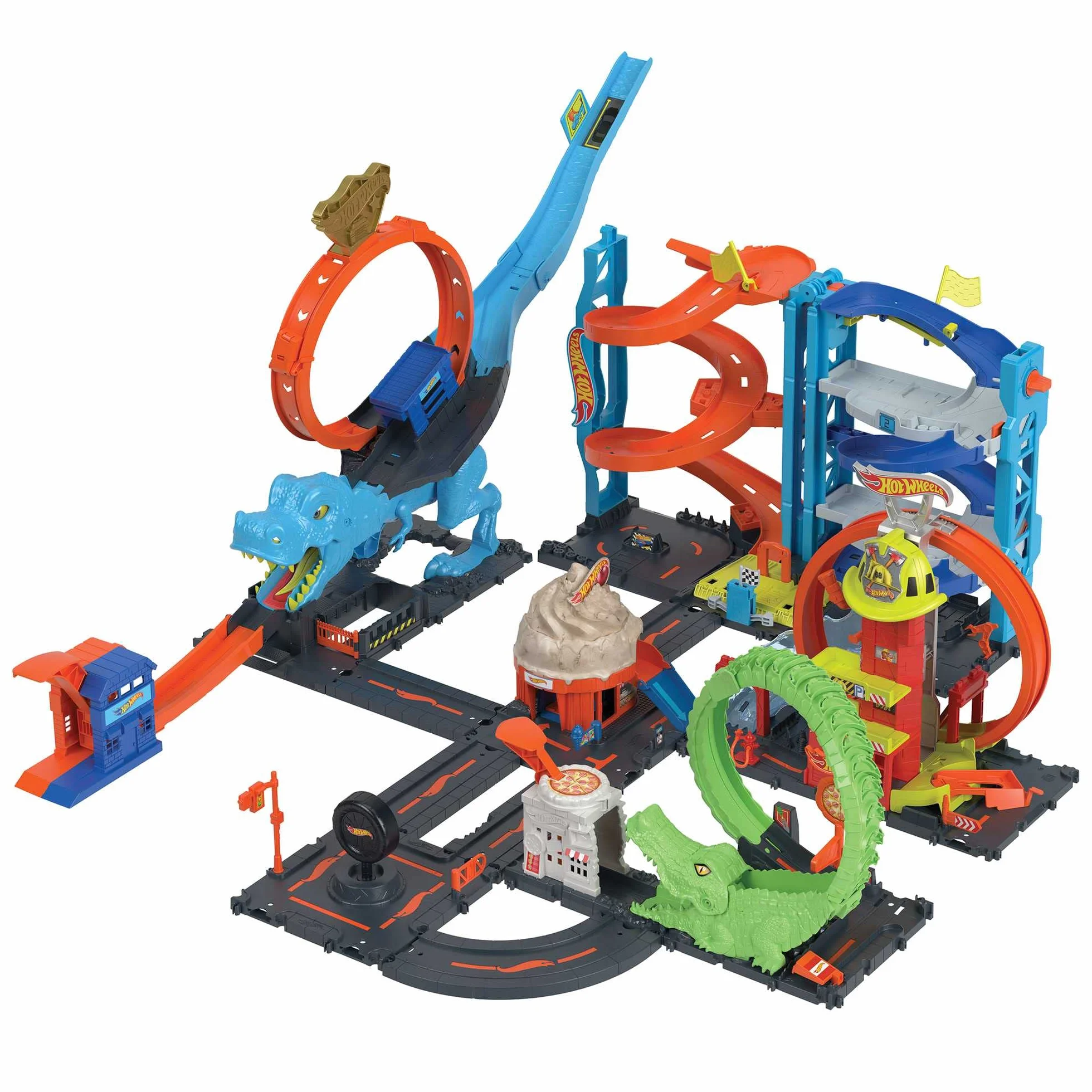 Hot Wheels HKX41 - HW City z 1 samochodem zabawkowym, ręcznie sterowaną windą, rampą przypominającą wodę, elementami toru, remizą strażacką z super pętlą, samochody zabawkowe dla dzieci od 4 lat