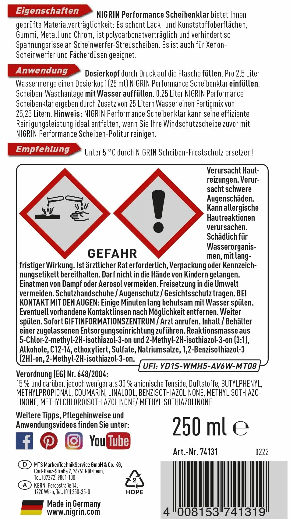 NIGRIN Scheibenklar koncentrat 1:100, szybki i skuteczny dla najlepszej widoczności, 250 ml, bezbarwny