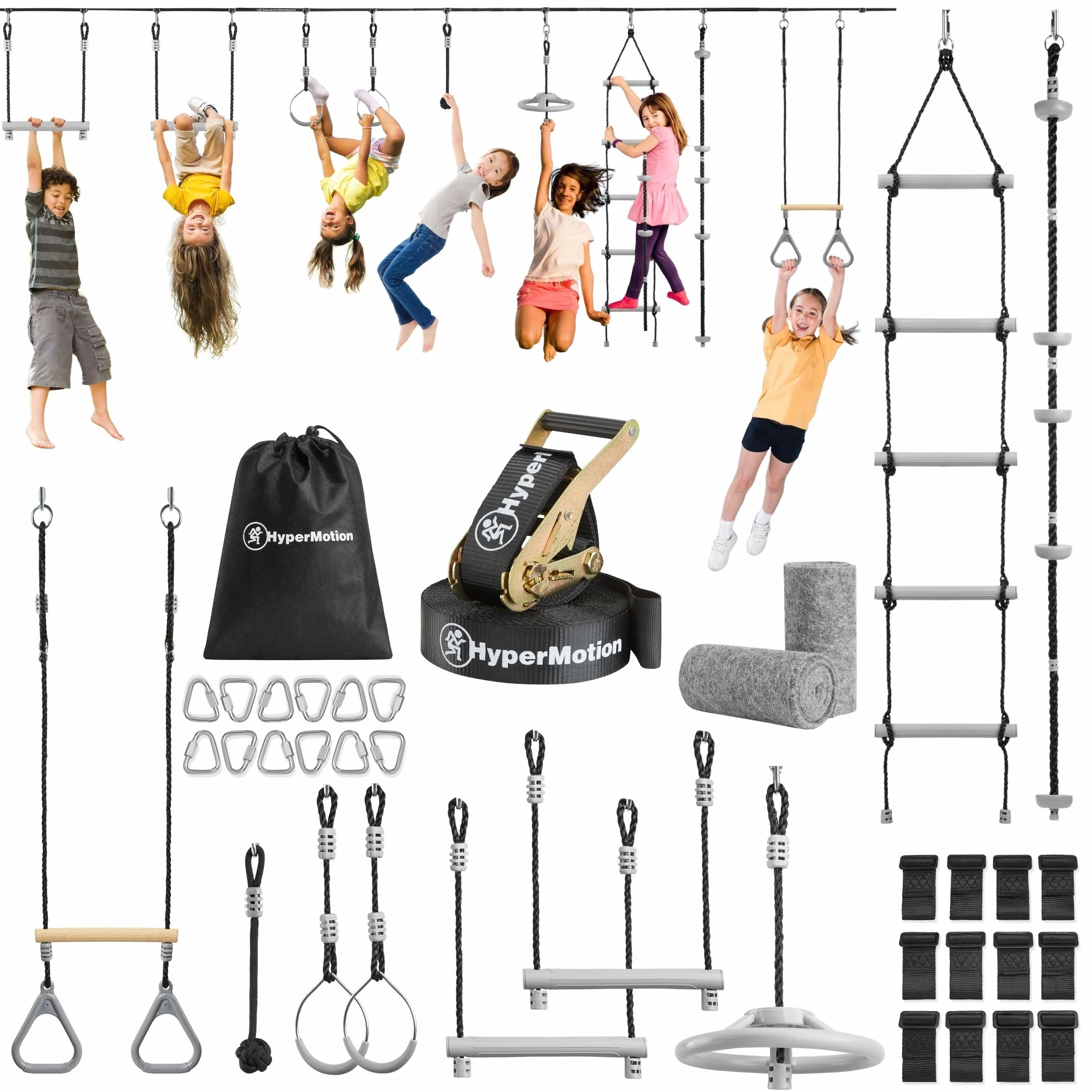 HyperMotion Tor Przeszkód Ninja dla Dzieci Zestaw Slackline – 9 Przeszkód Gimnastycznych z Drążkami Kółkami Liną i Drabinką – Udźwig do 113 kg – Dla Dzieci i Dorosłych do Ogrodu Outdoor