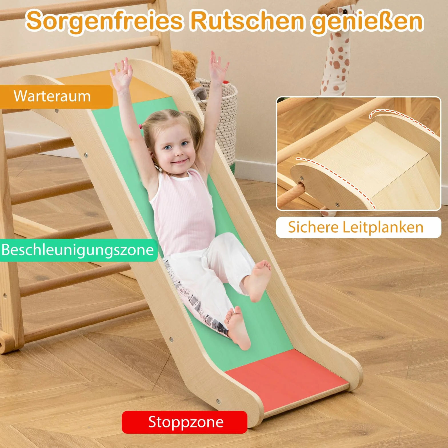 COSTWAY struktura wspinaczkowa do użytku wewnątrz, 4 w 1 drążek do wspinaczki & zjeżdżalnia & siatka do wspinaczki & drabinka, plac zabaw do użytku wewnątrz dla dzieci od 1 roku (naturalny)