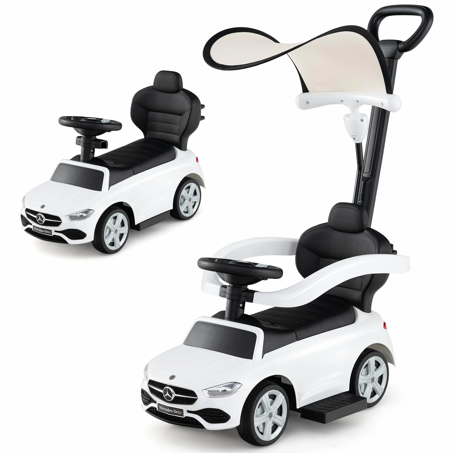 COSTWAY Mercedes-Benz samochód ślizgowy 3 w 1 z uchwytem przesuwnym, schowkiem i suwakiem kierownicy, samochód przesuwny z klaksonem i dźwiękiem, dla dzieci od 1 roku życia (biały)