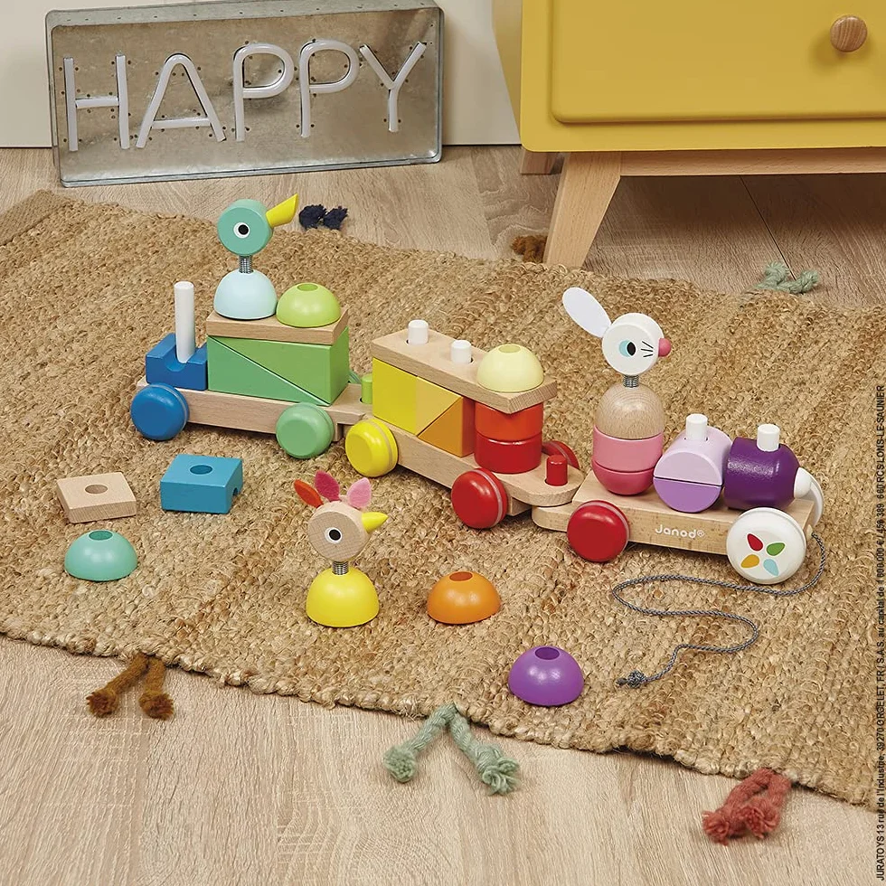 Janod - Zigolos Giant Multicoloured Wooden Train - 2-In-1 Early Learning Pull-Along Toy - Motor Skills Training - Water-Based Paint - Fsc Certified - from 1 Year Old, J08202