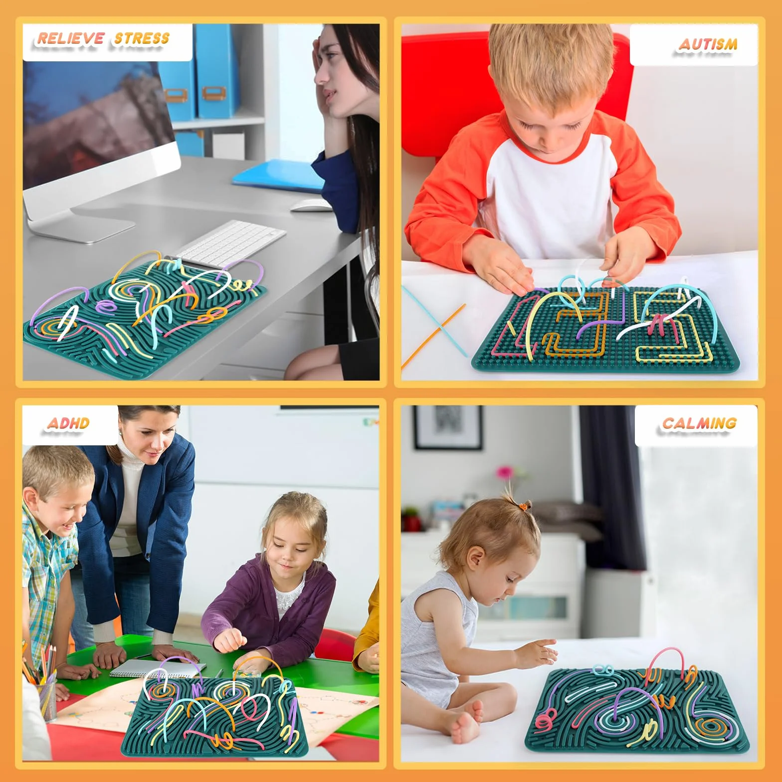 ddLUCK Large Sensory Activity Board, 20 x 29,5 cm Silikonowa podwójna zabawka sensoryczna dla autyzmu i ADHD, stres, lęk, dzieci w wieku od 3 lat i dorosłych, z torbą podróżną i 40 strunami