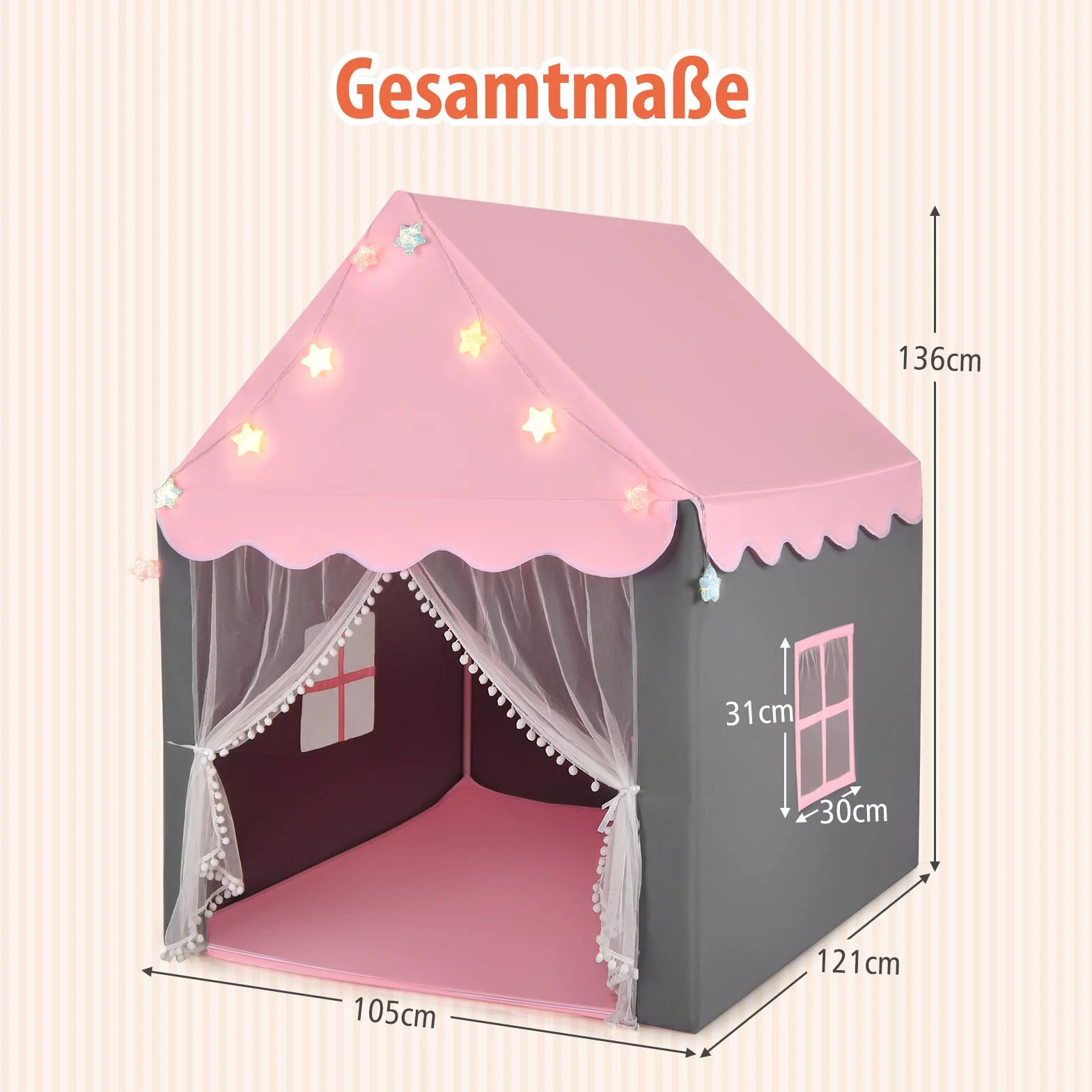 COSTWAY Domek Namiot Dla Dzieci z Gwiazdami i Matą, Księżniczki Prinzess, 105x121x136 cm, Różowy – Namiot Do Zabawy z Podwójną Zasłoną i Okienkiem, Zamek Bajkowy