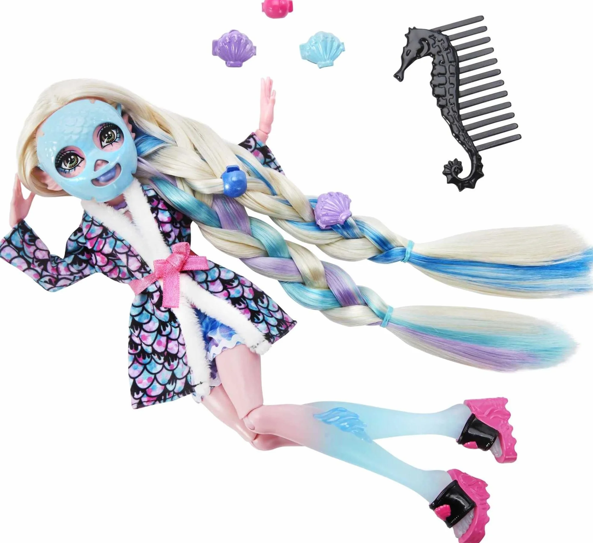 Monster High Lalka, Lagoona Blue Spa Day zestaw z akcesoriami do noszenia i udostępniania, takimi jak spinki do włosów, kreda do włosów i tatuaże (HKY69)