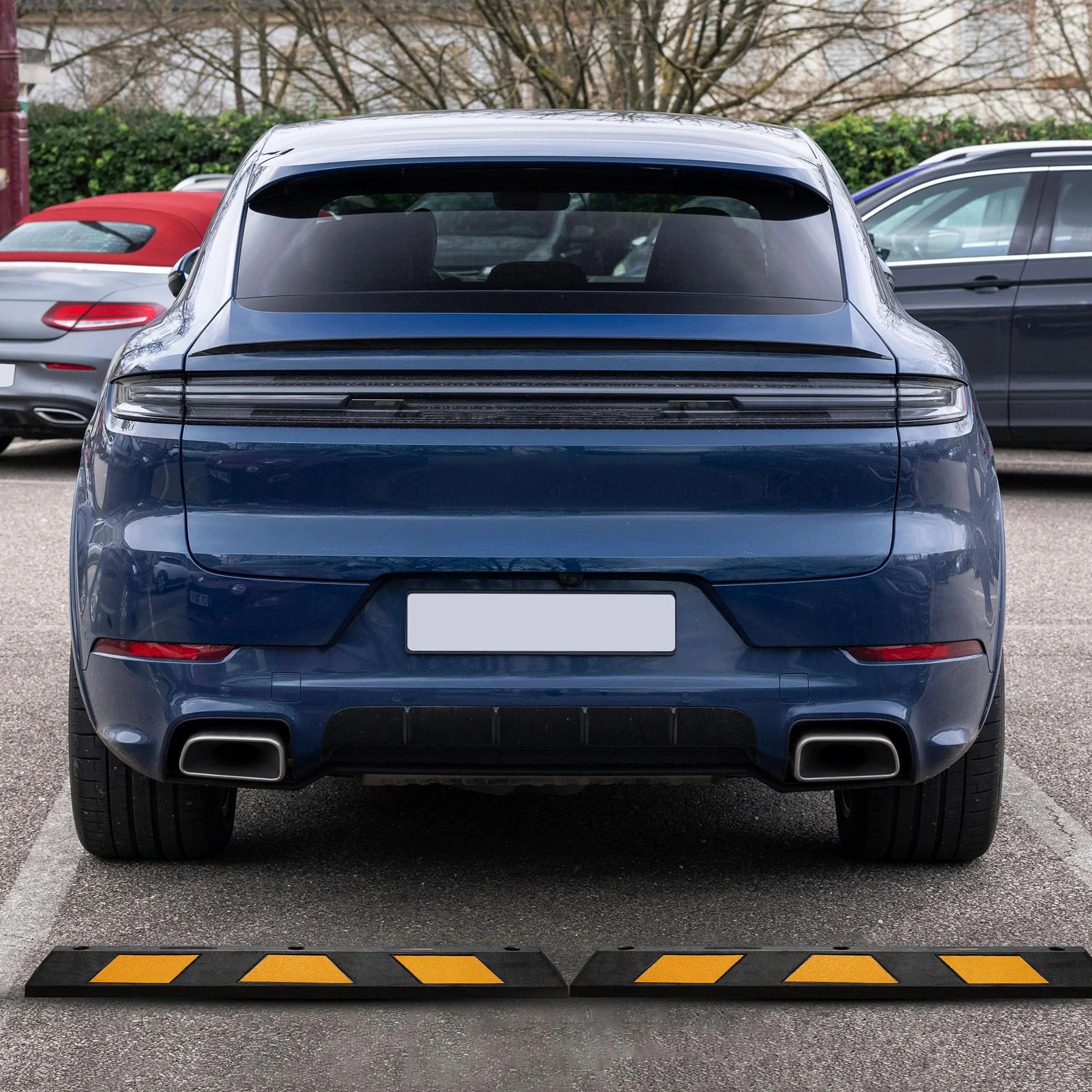 Wiltec Ogranicznik parkingowy 2 szt. 120 x 15 x 10 cm czarny z żółtą taśmą odblaskową, odbojnik gumowy do garażu i parkingu