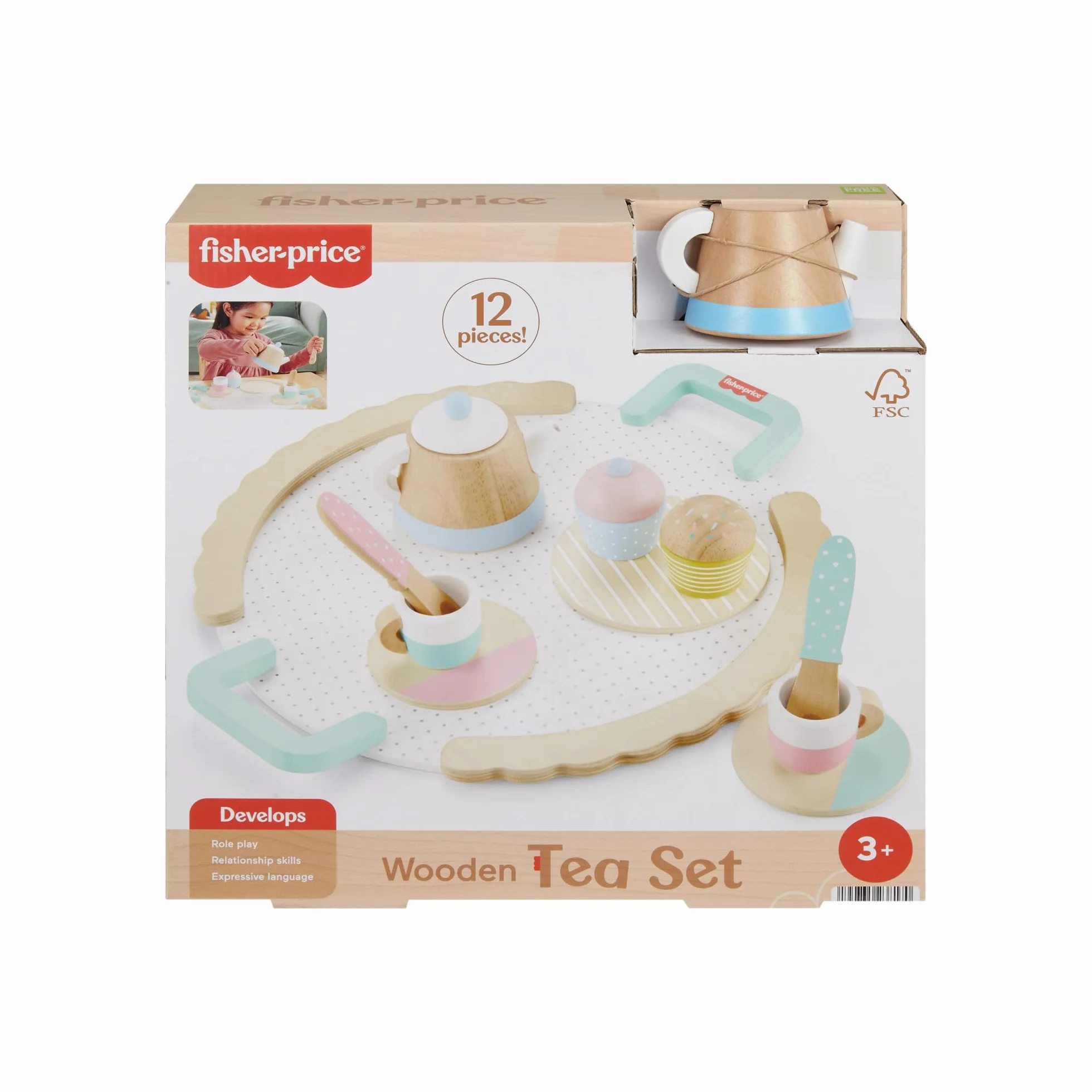 Fisher-Price Czas na podwieczorek Zestaw drewnianych zabawek 12 elementów do zabawy w naśladowanie dla dzieci od 3 roku życia, HXT82
