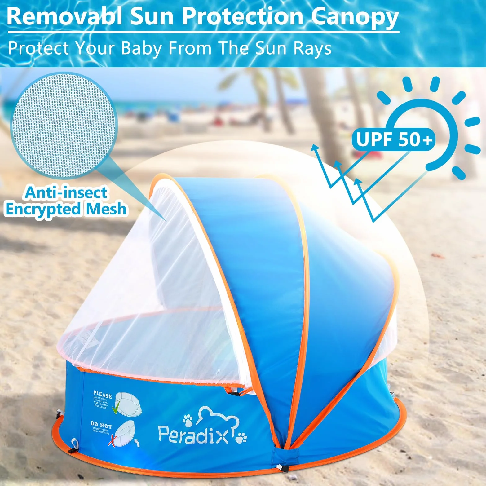 Peradix 4 w 1 Automatycznie rozkładany basen dla niemowląt, basen dla dzieci z ochroną UV, basen z kulkami, namiot plażowy z moskitierą, przenośny namiot zabaw, basen z kulkami, ochrona