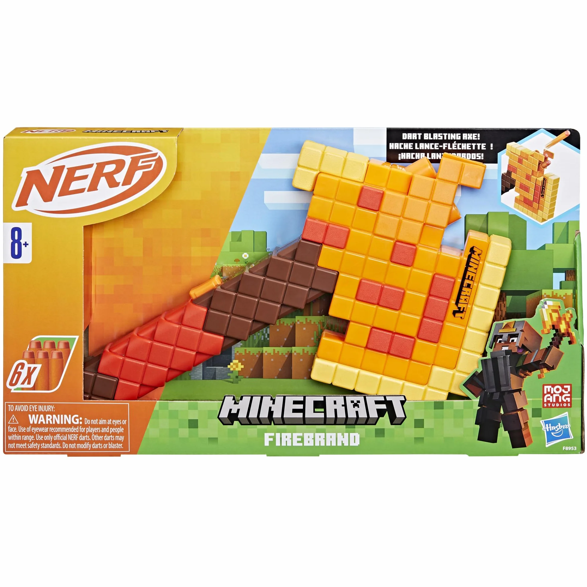 NERF Minecraft Firebrand: Toporek do rzucania, 6 elitarnych rzutków piankowych, projekt inspirowany grą, rozwijane gruntowanie, zabawki