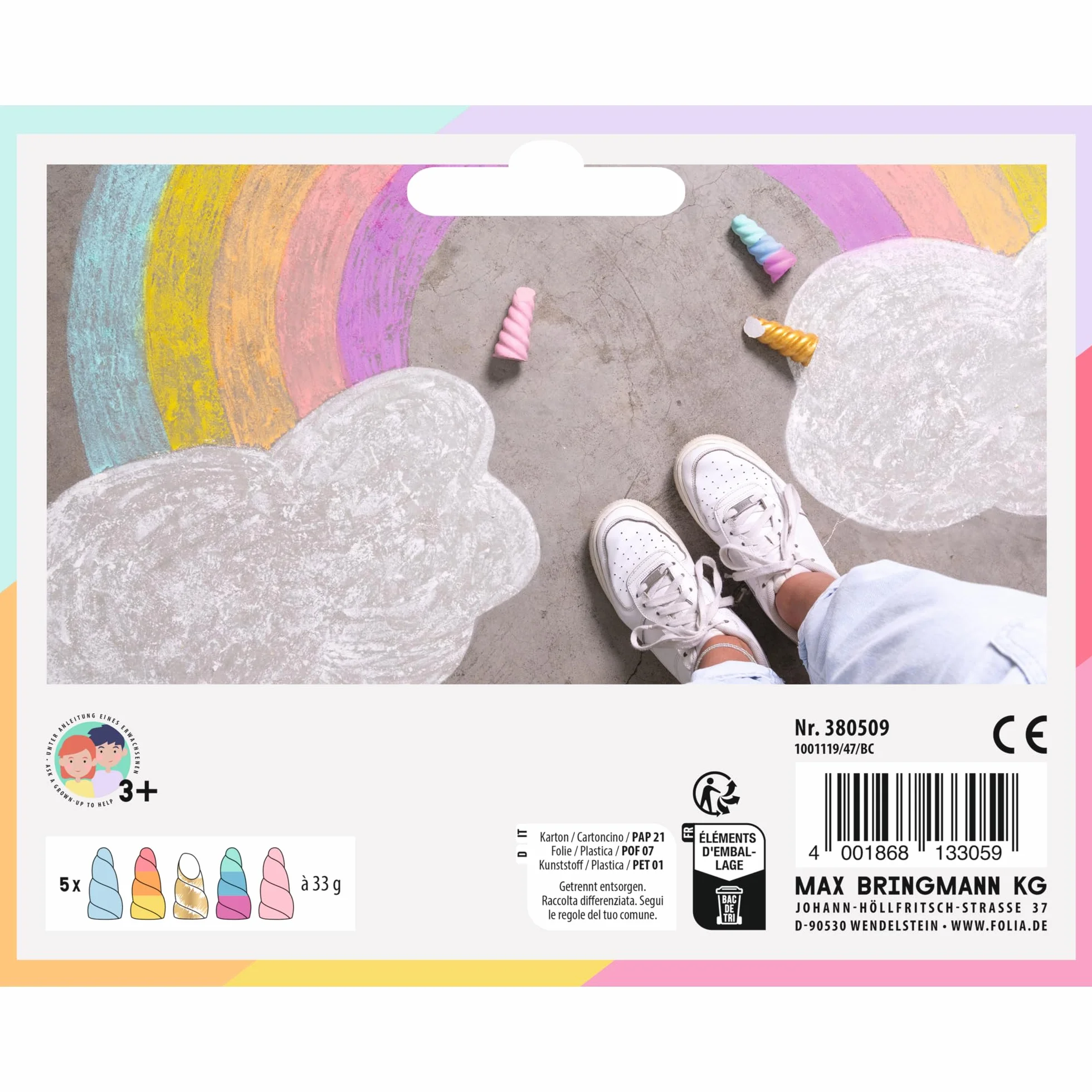 folia 380509 - Kreda jednorożec dla dzieci, 5 sztuk w tęczowych kolorach, kreda jednorożec w kształcie rogu