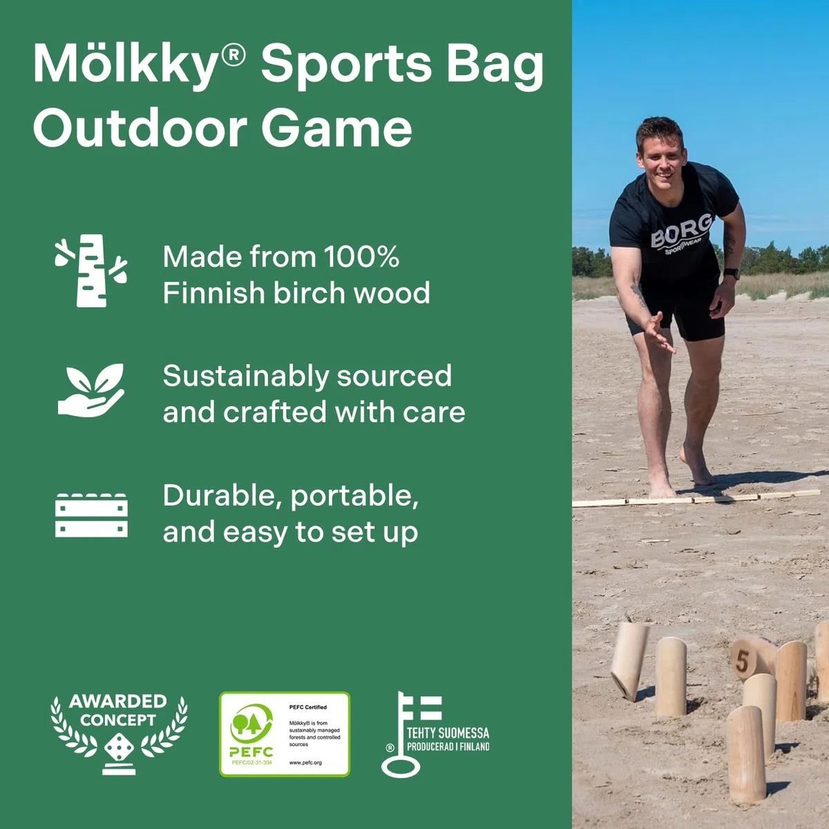 Mölkky Torba sportowa, drewno brzozowe, 12 kręgle, 1 patyk, podkładka wyników, Mölkkaari, turniejowe gry zewnętrzne, do ogrodu, czas wolny, gra dla rodziny i przyjaciół