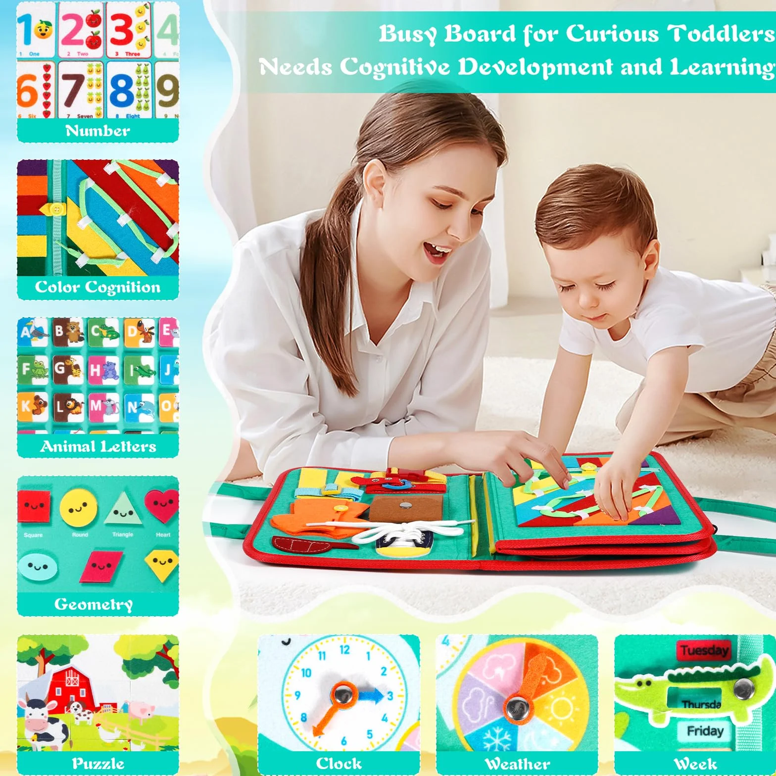 ZLPBAO Busy Board Montessori Zabawka na 2 lata, 8 w 1 gry Montessori, edukacyjne zabawki rozwojowe - Gry dla niemowląt na 1 rok do aktywności i rozwoju, prezent dla dzieci, dziewczynek, 2, 3, 4, 5, 6