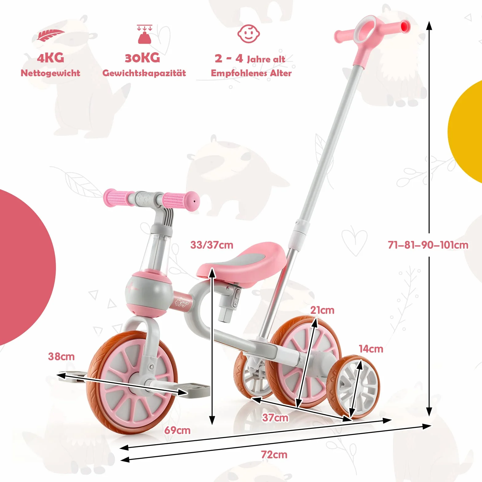 GOPLUS Rower trójkołowy 4 w 1, dziecięcy rower do balansowania z regulowanym uchwytem przesuwnym, 2-stopniowa wysokość siedziska i odwracalna kierownica, rower biegowy dla dzieci w wieku 2-4 lat