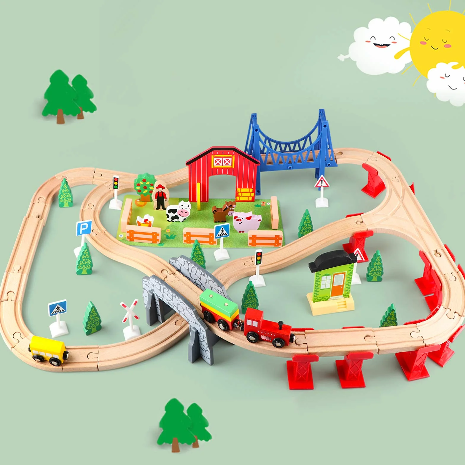 Jacootoys 80 SZTUK Drewniane Pociągi Zestaw Torów Edukacyjna zabawka konstrukcyjna dla dzieci w wieku 3+ lat Dziewczęta Chłopcy