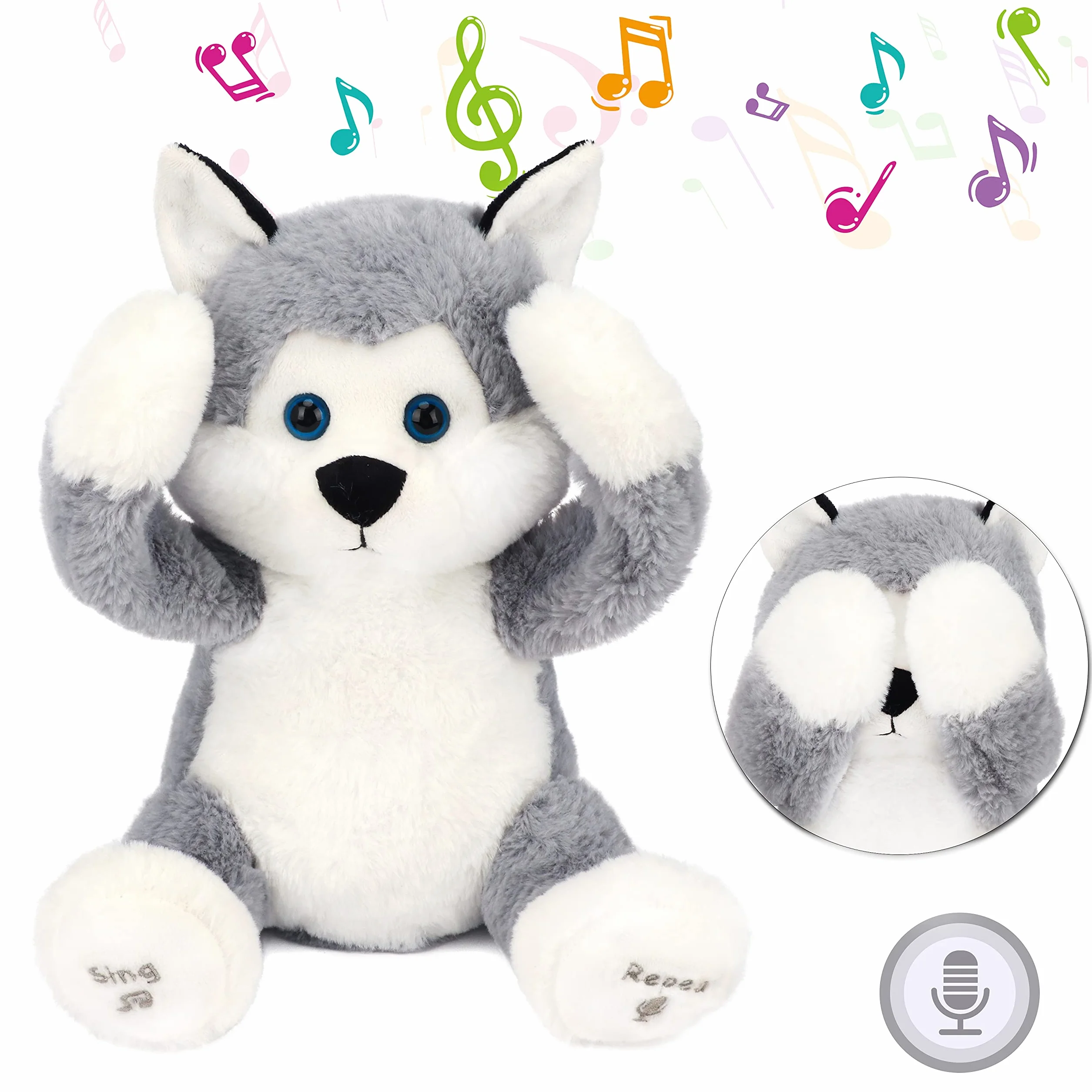 Hopearl Peek A Boo Husky Interaktywna Zabawka Dla Psów, Która Powtarza To, Co Mówisz Pluszowa Zabawka Dla Psów Muzyczna Śpiewająca Gadająca Urocza Elektryczna Animowana Zabawka Urodzinowa, Szara, 29cm