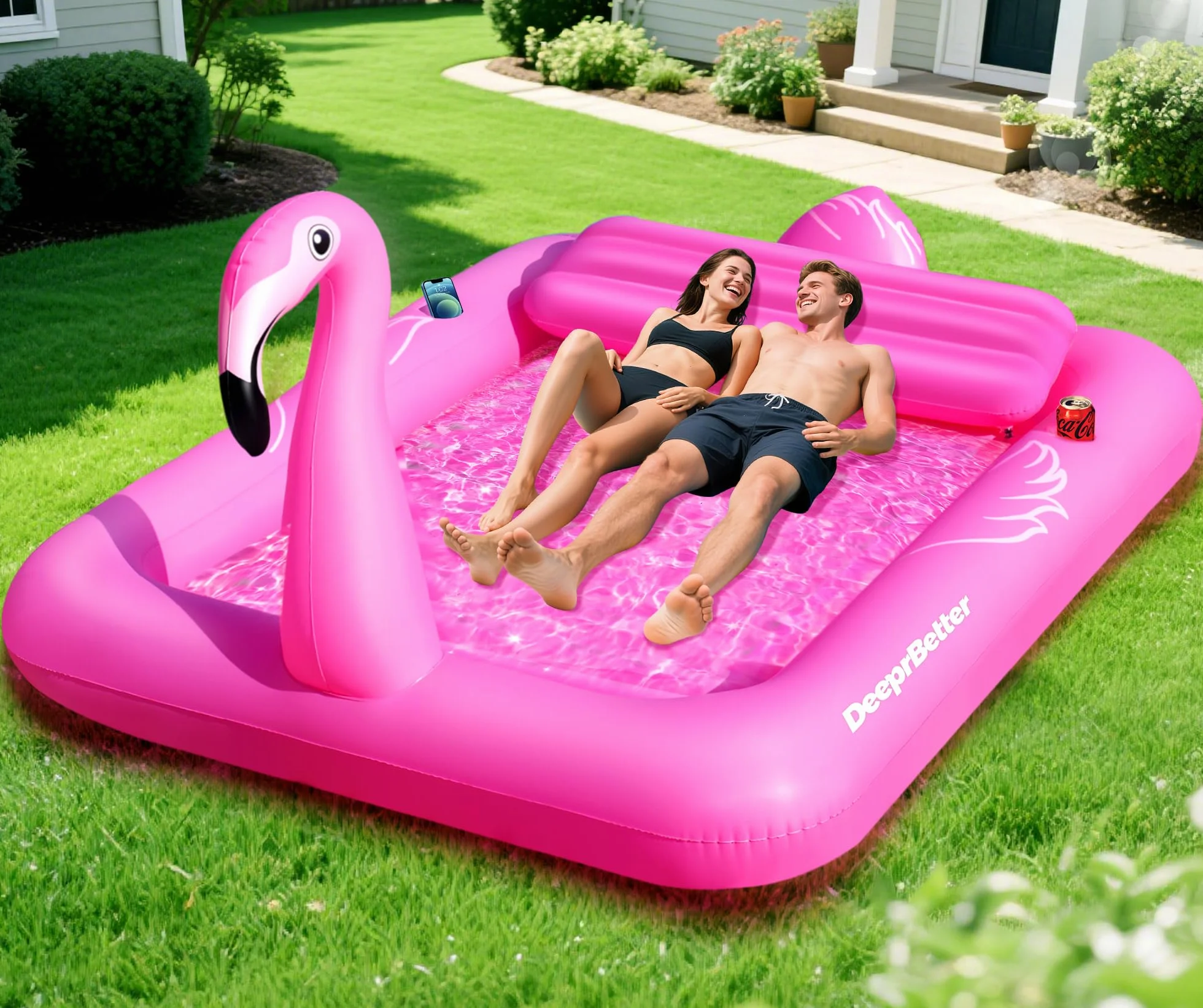 DeeprBetter Nadmuchiwany materac różowy basen z flamingiem, basen dla dorosłych z poduszką i uchwytami na napoje, 205 x 150 cm, nadmuchiwany basenowy materac do opalania, różowy flaming