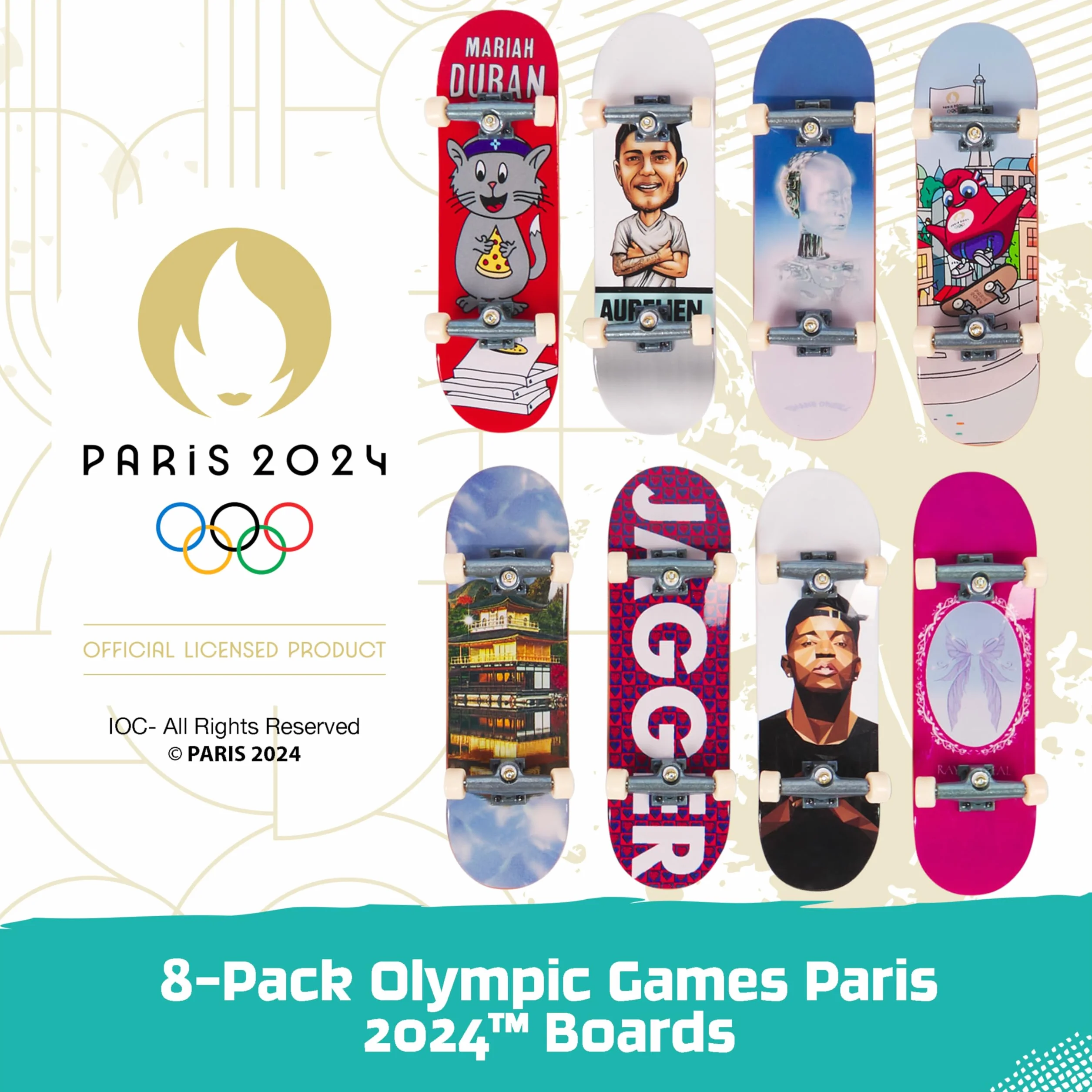 Tech Deck Competition Legends zestaw 8 sztuk, 8 autentycznych naparstków olimpijskich sportowców w Paryżu 2024, 8 indywidualnych uchwytów na deskorolkę, 8 kart dla sportowców, od 6 lat