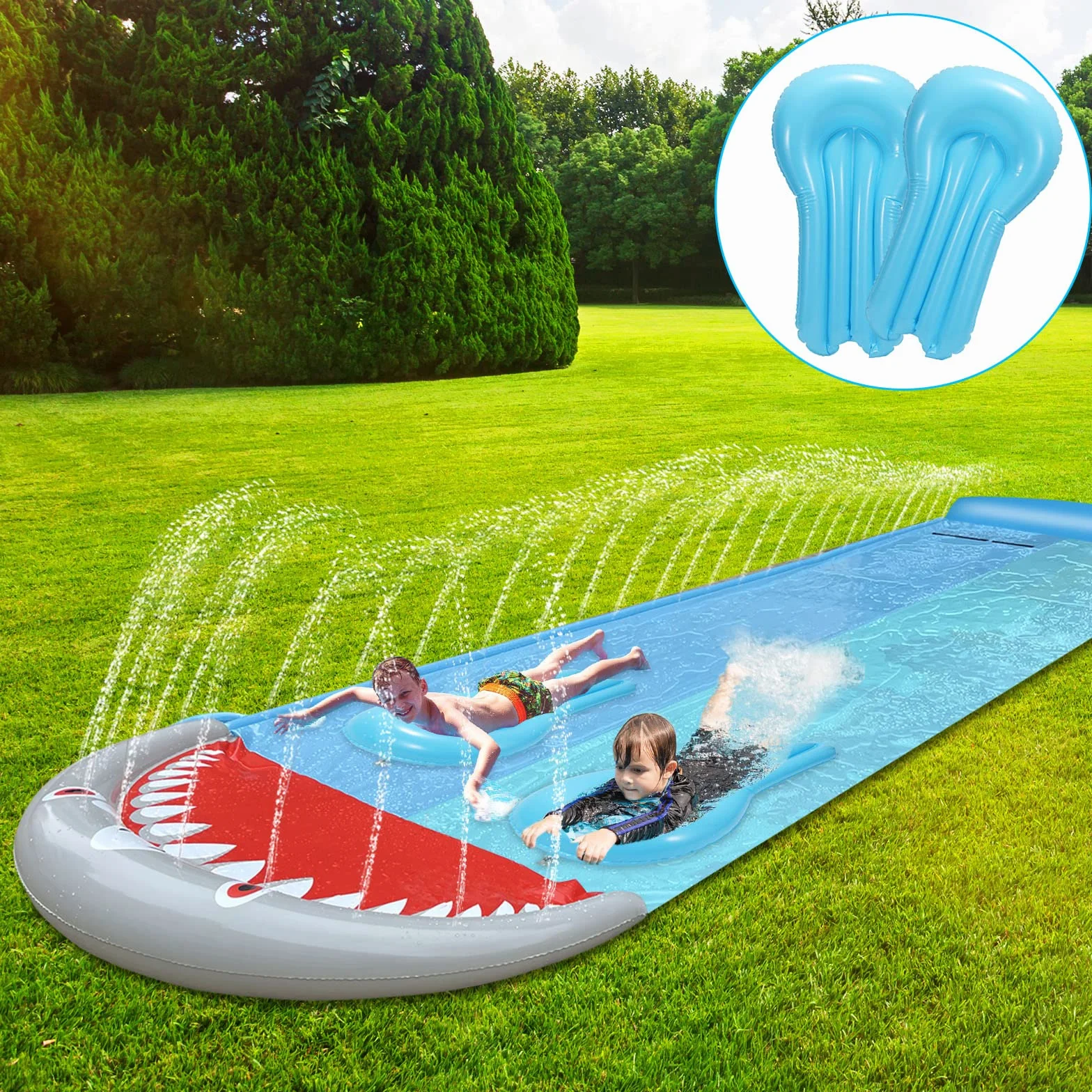 Zjeżdżalnia wodna 550 x 145 cm, podwójna zjeżdżalnia wodna, zabawka wodna z 2 bodyboardami, letnia zabawka ze zraszaczem, styl rekina, mata antypoślizgowa dla dzieci
