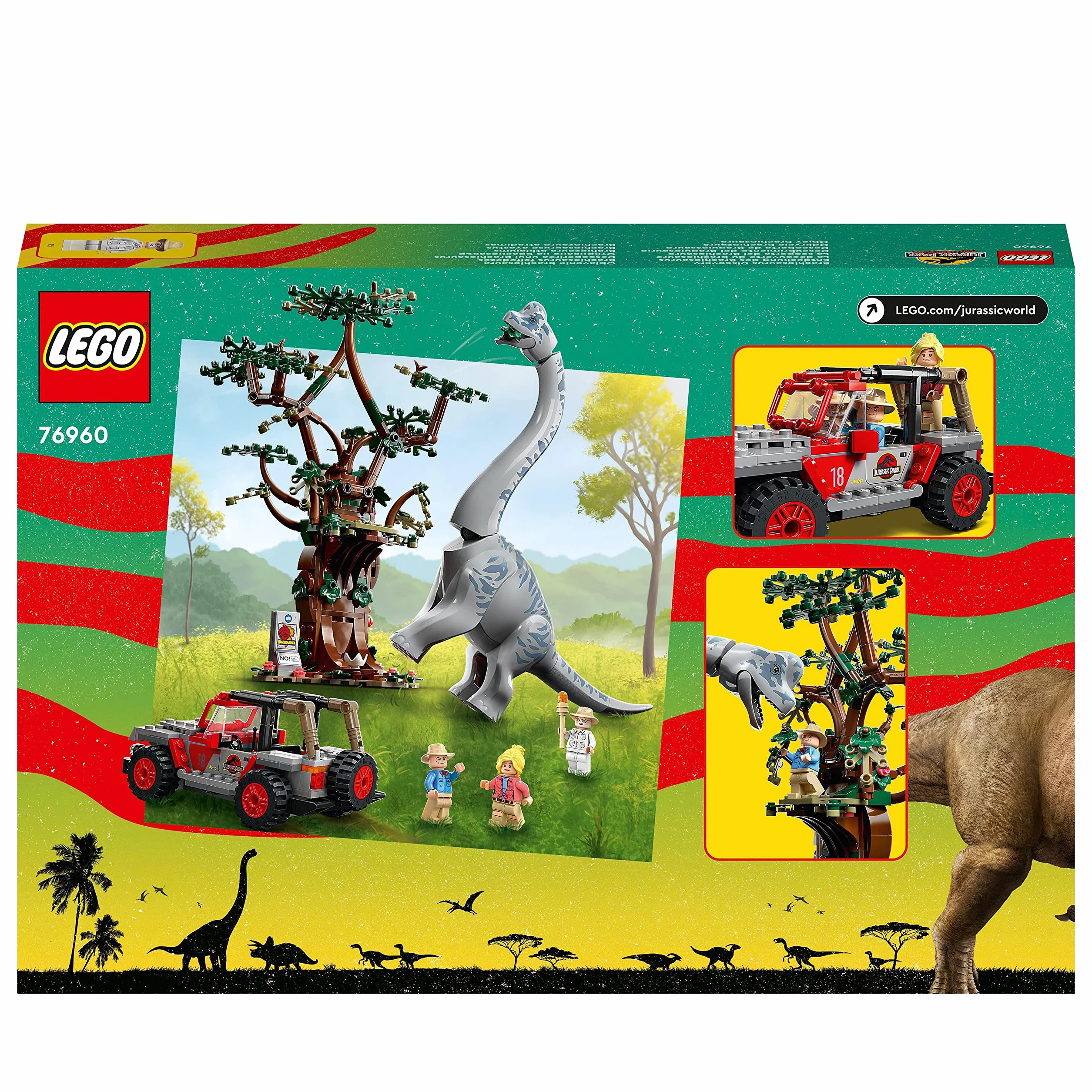 LEGO 76960 Jurassic World Odkrycie brachiozaura, zestaw z dużą figurką dinozaura, drzewem i Jeepem do zbudowania, prezent dla chłopców i dziewczynek, zabawka z okazji 30. rocznicy „Parku Jurajskiego”