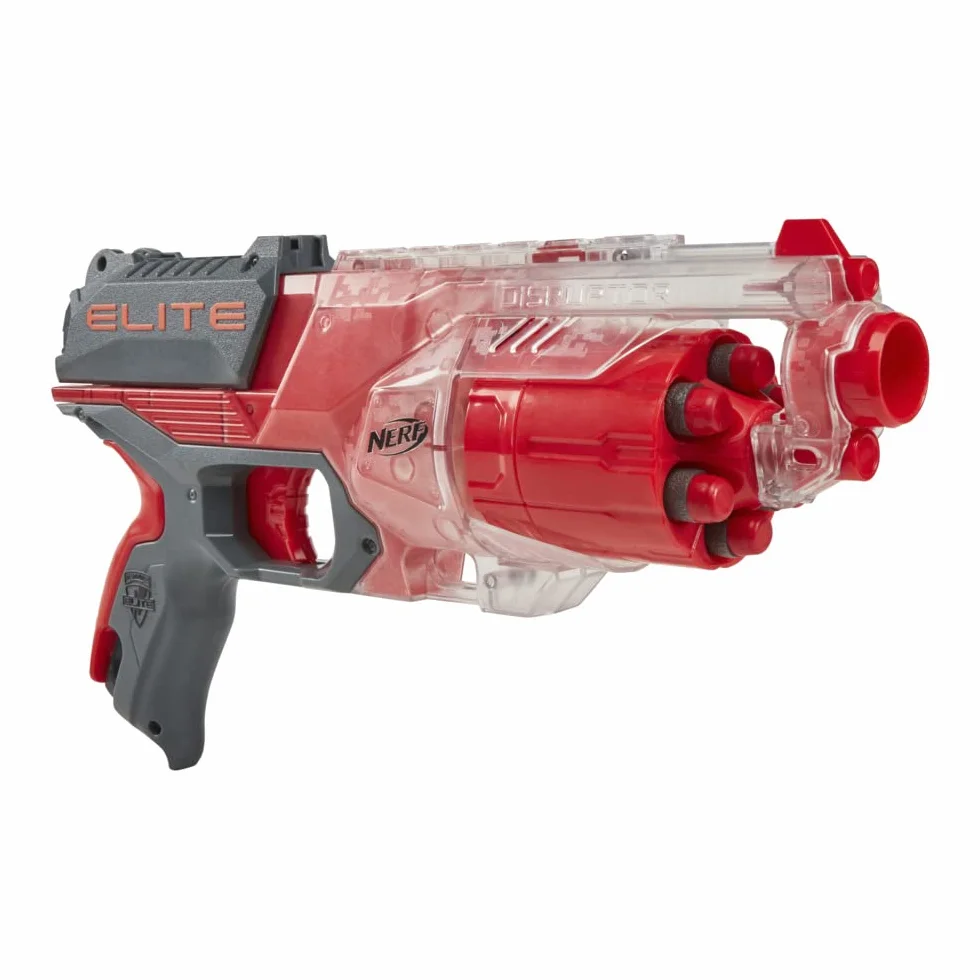 Wyrzutnia Nerf Elite Disruptor, 6-strzałkowy magazynek obrotowy, 6 strzałek Nerf Elite, ogień ciągły, półprzezroczysty czerwony, dostępna tylko w serwisie Amazon