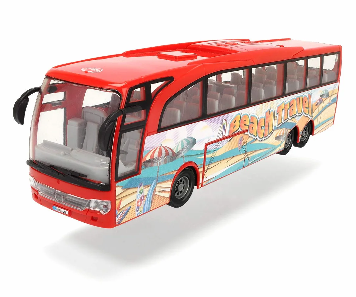 Dickie Toys 203745005 Autobus turystyczny, zabawkowy autokar z tarciem, drzwi otwierane, 2 wersje kolorystyczne, wybór koloru losowy czerwony lub niebieski, dla dzieci od 3 lat, 30 cm