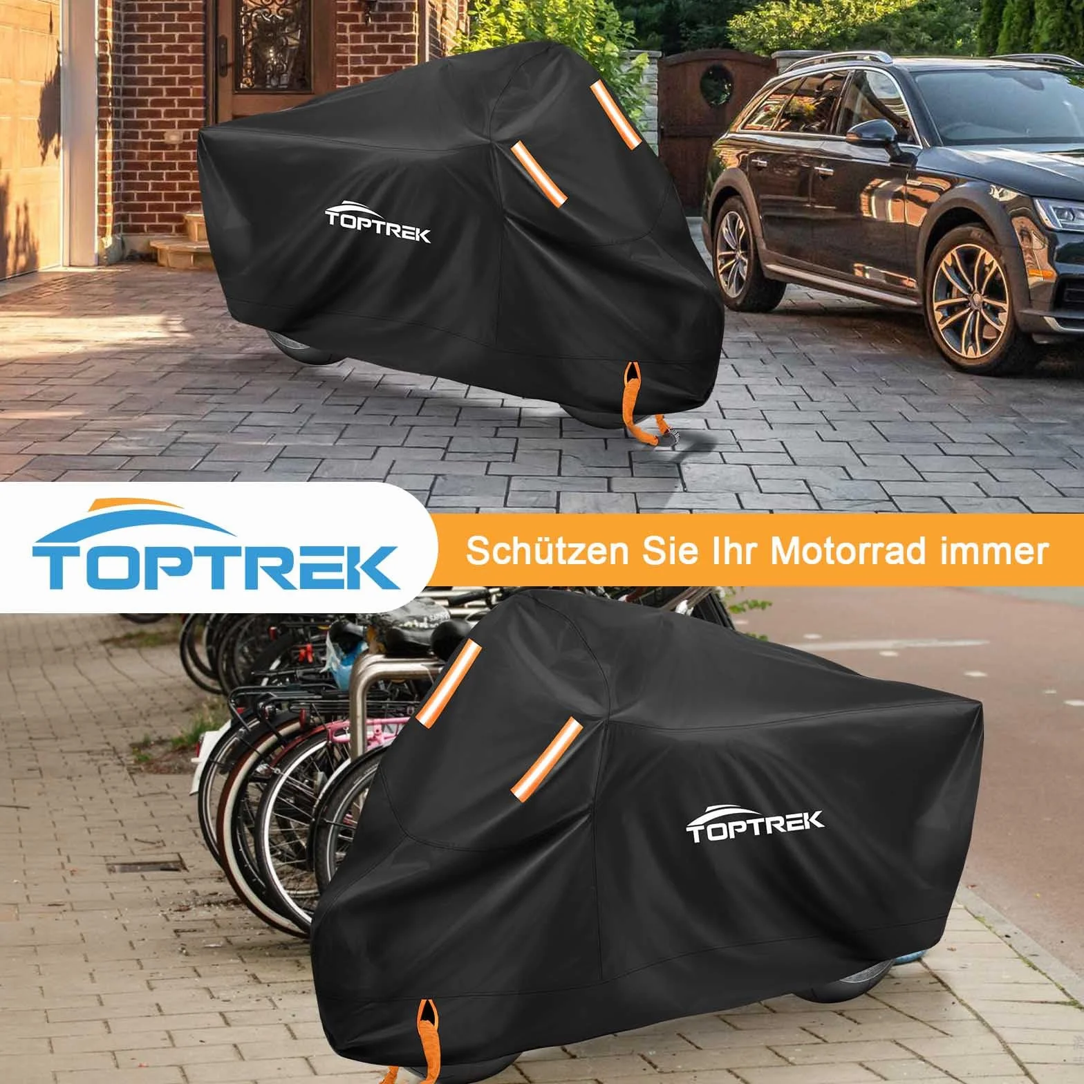 toptrek Pokrowiec na motocykl z taśmą ze szwem, plandeka na motocykl 210D Oxford, wodoszczelna, oddychająca, do użytku na zewnątrz, czarna (265 x 105 x 125 cm)