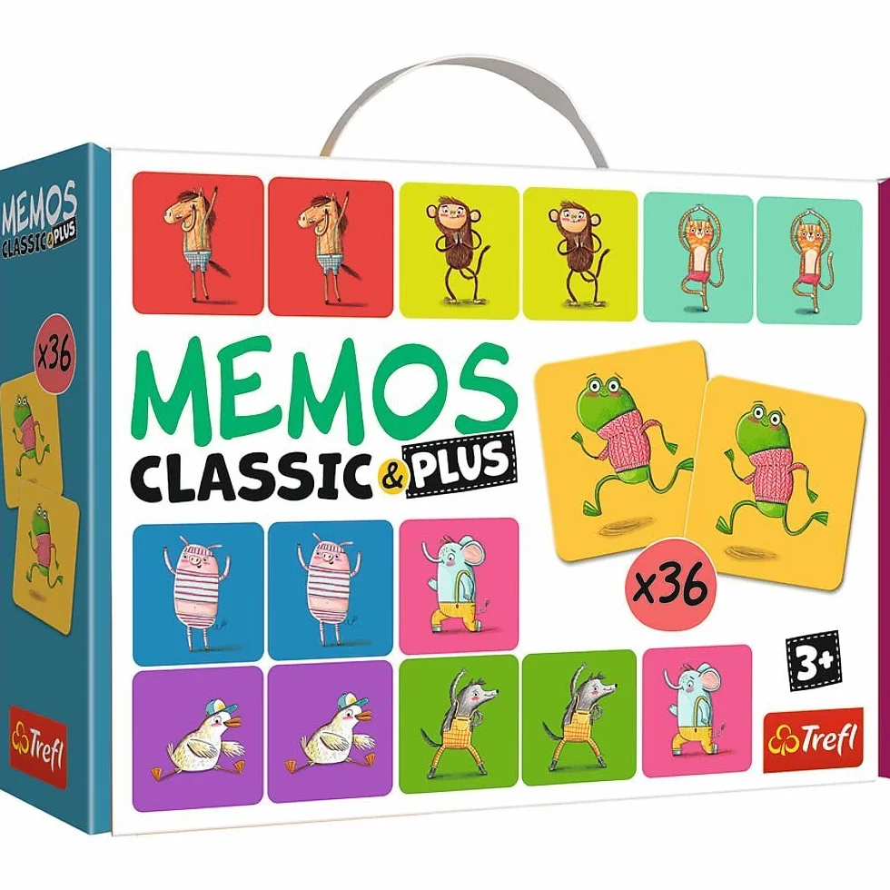 Trefl - Memos Classic & Plus, Ruch i dźwięk - Edukacyjna Gra Pamięciowa dla Maluchów, Odnajdywanie Par Obrazków, Naśladowanie Dźwięków i Ruchów, Różne Warianty Zabawy, Gra Memory dla Dzieci od 3 lat