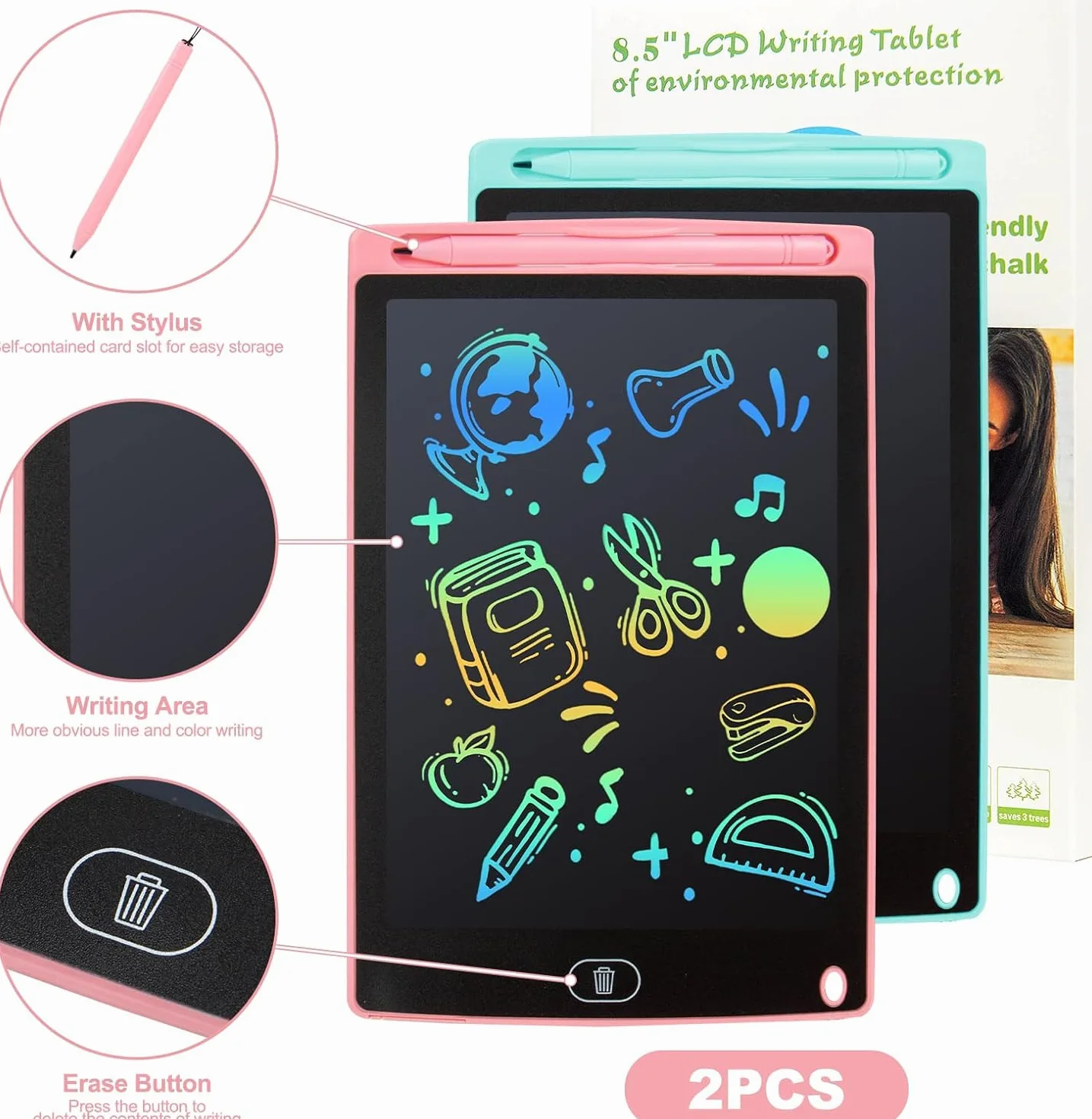 2 sztuki LCD tablica do pisania tablica kreślarska ekran 8,5 cala, przyjazna dla środowiska, jasna, kolorowa podkładka do pisania, zabawka edukacyjna, prezent dla dzieci w wieku 3-10 lat