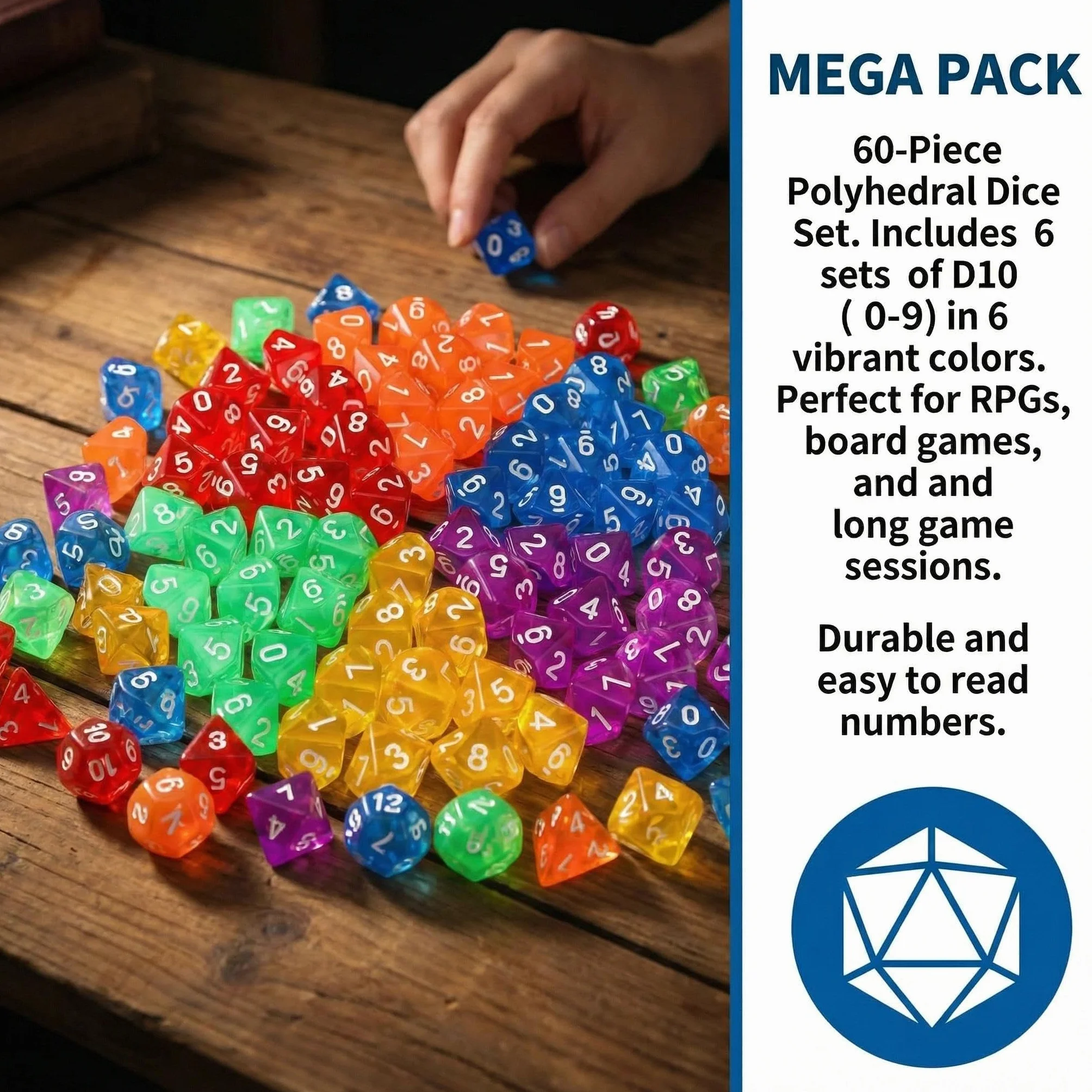 Zestaw 60 sztuk wielościennych kostek D10 – 10-stronicowe akrylowe Dice w 6 kolorach, kostki do gry DND, RPG, MTG, gier planszowych, gier karcianych i stołowych