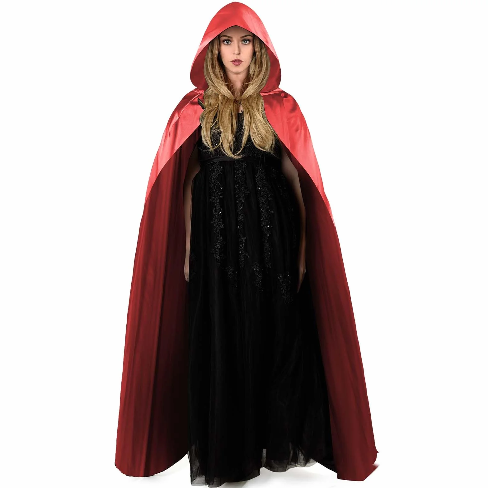 Aomig Czarna peleryna z kapturem na Halloween dla dorosłych, długa peleryna z kapturem, czarownica, akcesoria do cosplay, tajemniczy czarodziej, bajkowy, fantazyjny kostium, Halloween, maskarada