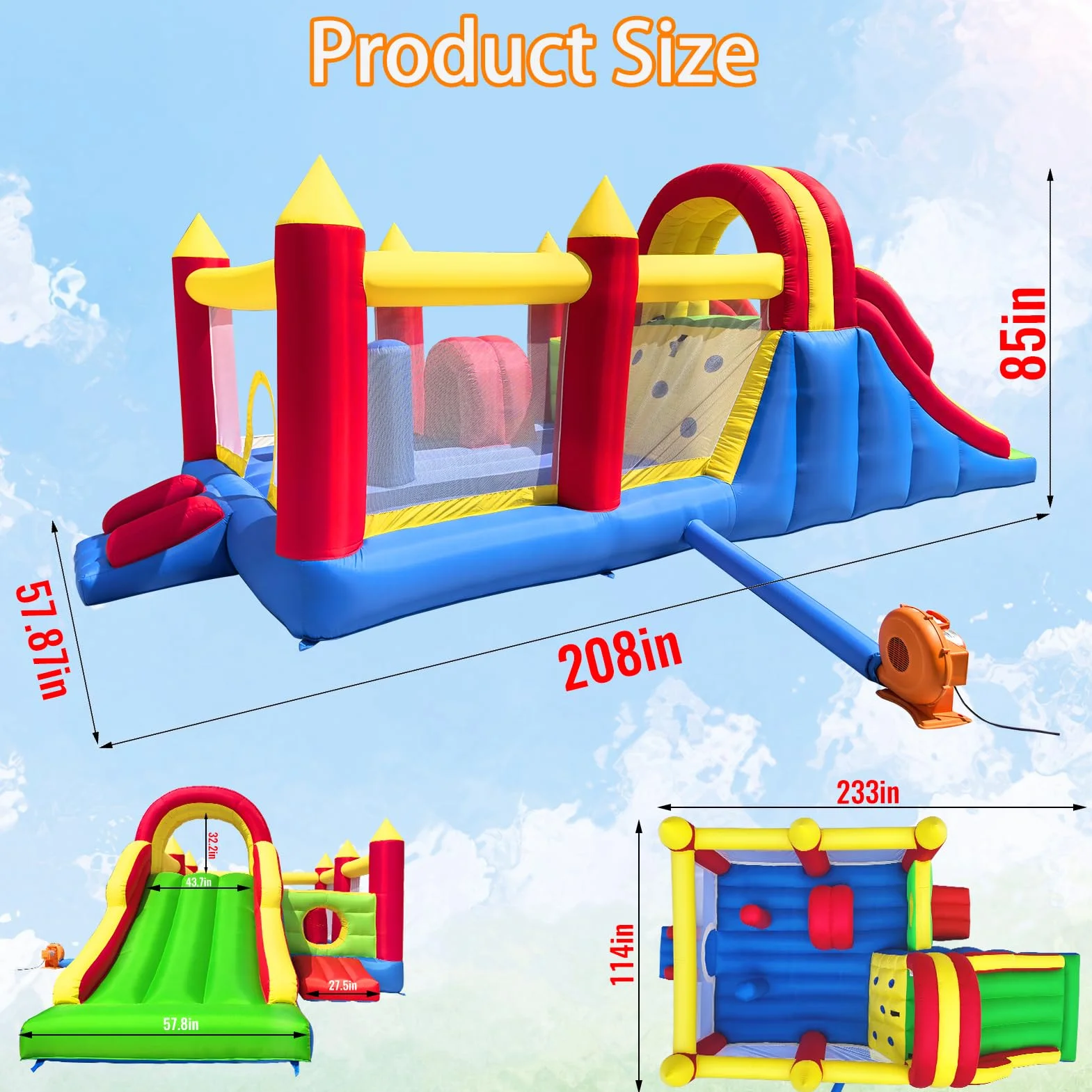 Ballsea Zamek dmuchany XXL – ogromny nadmuchiwany zamek z dużą zjeżdżalnią i trampoliną, 592 x 290 x 216 cm – idealny na urodziny dziecka i do ogrodu (bez dmuchawy)