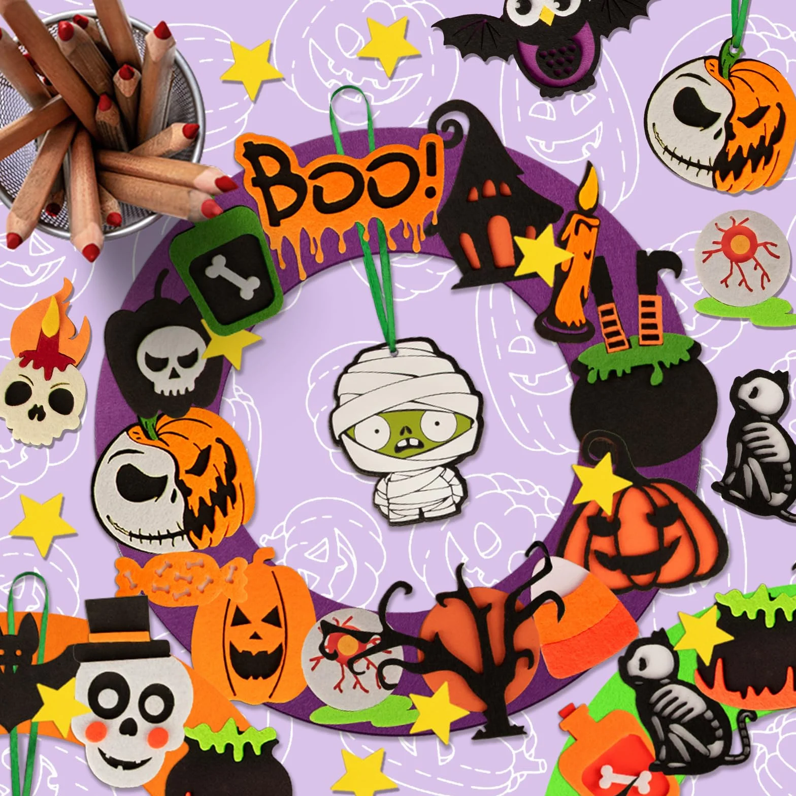 Benjia Wieniec na Halloween, zestaw rzemieślniczy dla dzieci, DIY, filcowy wieniec, ozdoby na Halloween, z bandażem, zombie, sową, dynią z horrorem, do aktywności imprezowych, 4 szt. (2501)