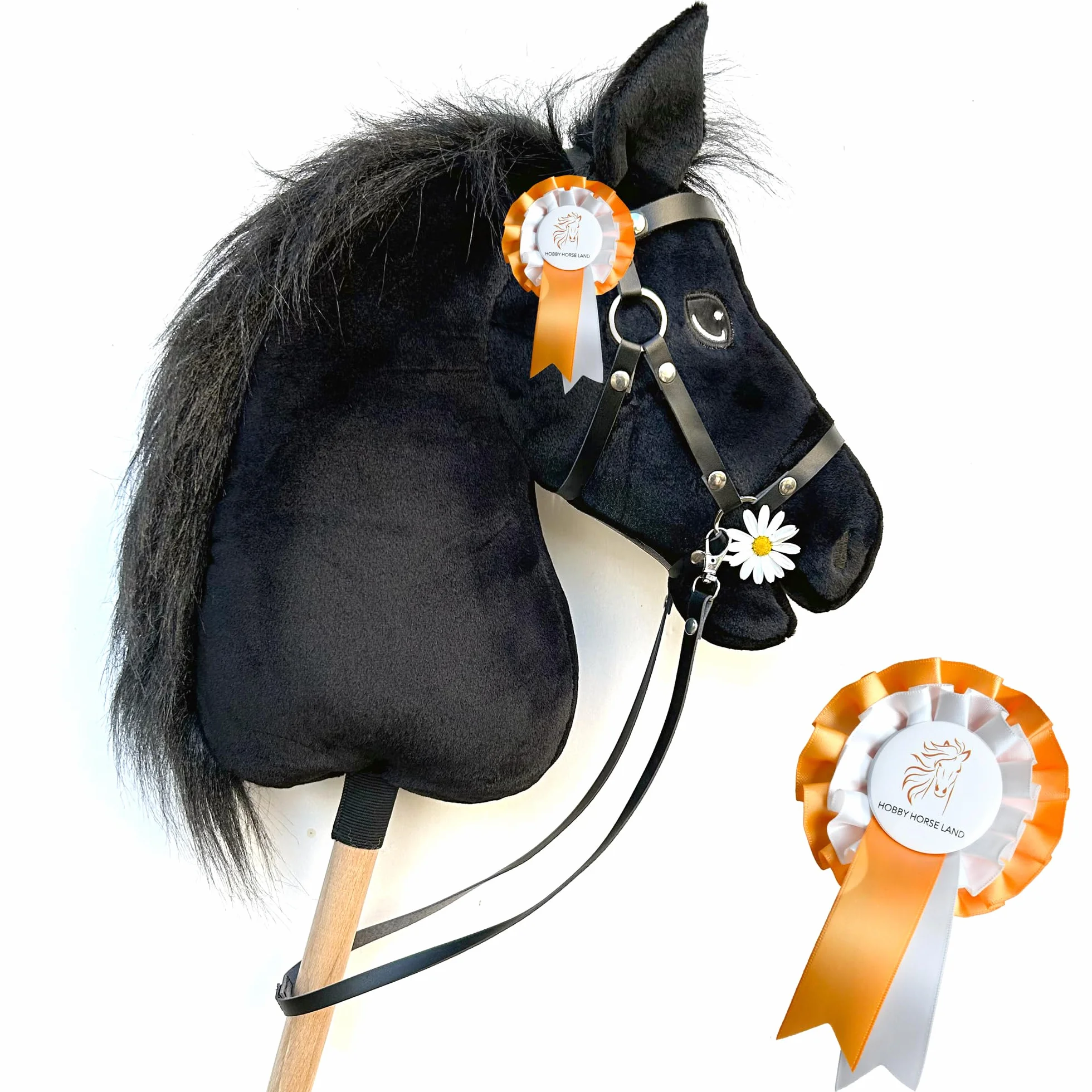 Hobby Horse Black A3 Czysta krew, koń z siatką, mors, sterem i floką. kij do hobby koni dla dzieci i młodzieży