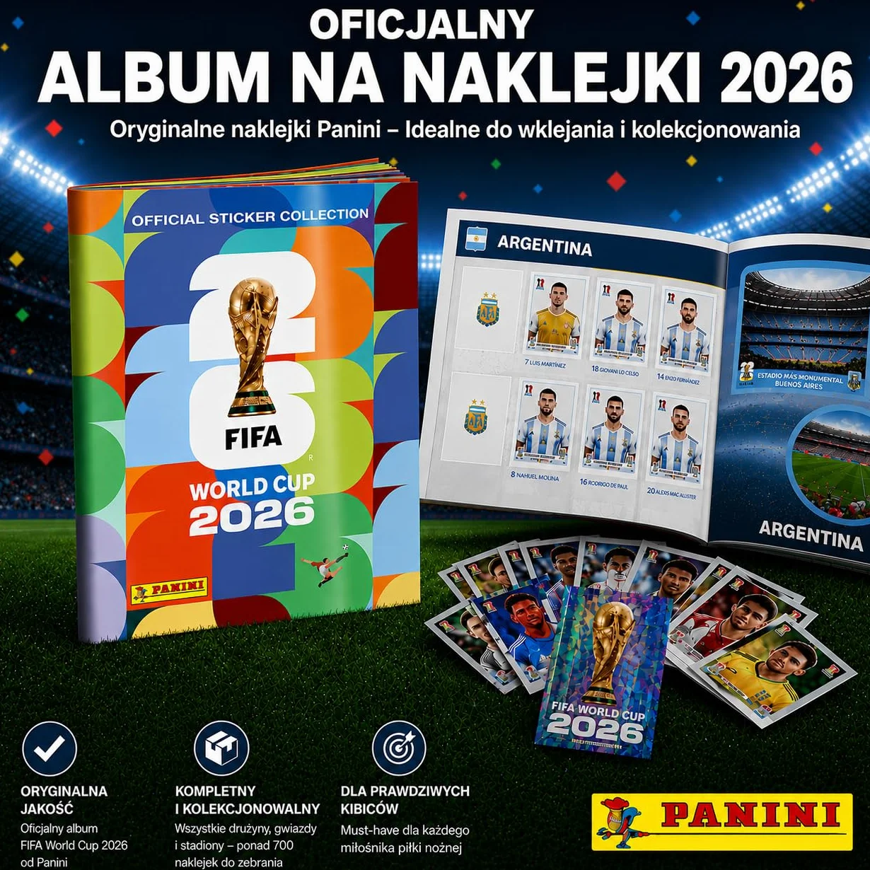 Zestaw startowy XXL Fan WM 2026 – oryginalny album z naklejkami Panini, ekstra 1 x plan meczów i 2 x opaski przeciwpotowe w Niemczech (album kolekcjonerski)