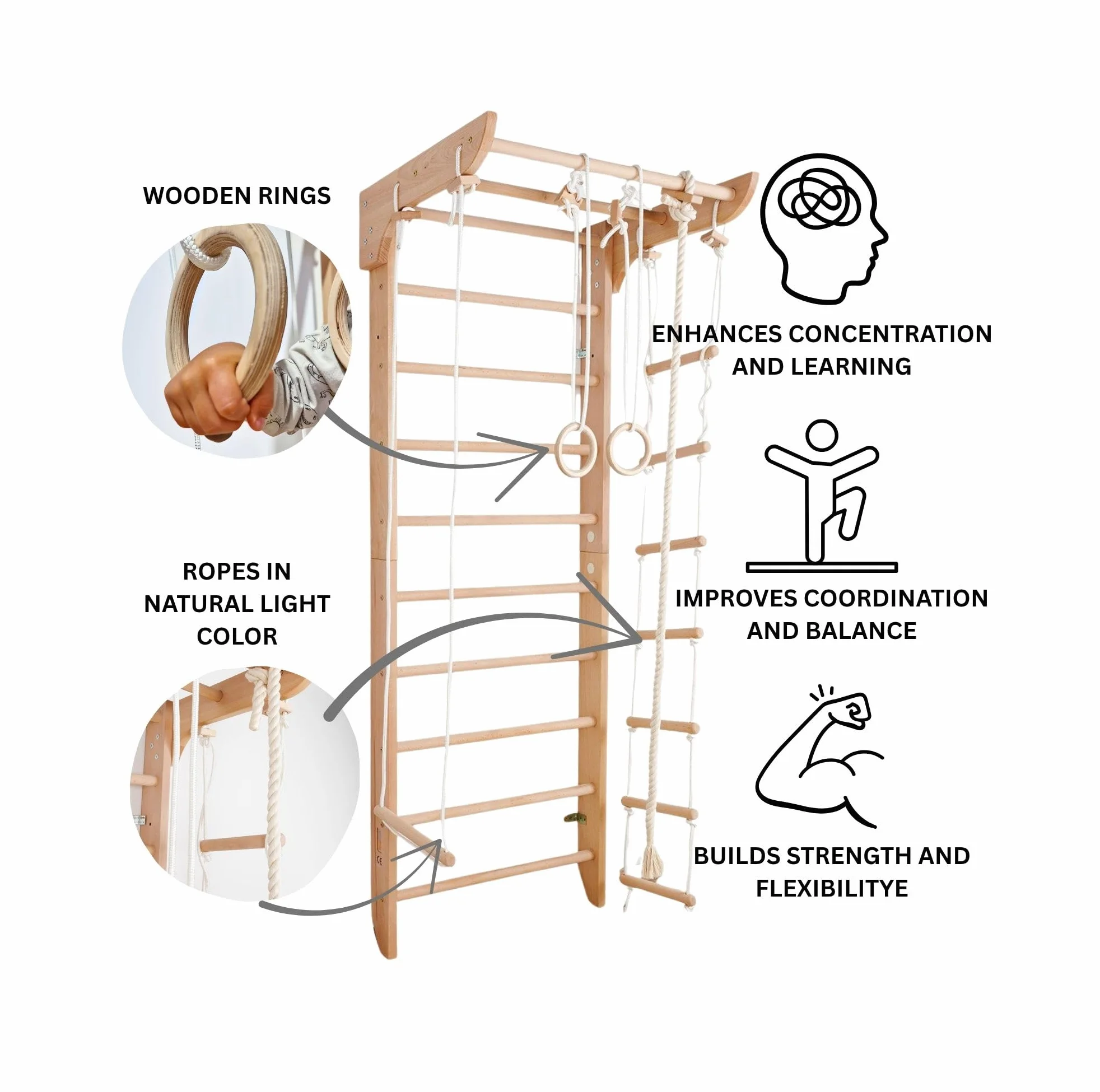 Ściana gimnastyczna drewniana "Kinder-2-240" – Wooden Swedish Ladder for Kids and Adults, Wall Bar, Drabinka Gimnastyczna do Home Gym i Kids Room, Sprzęt Gymnastic