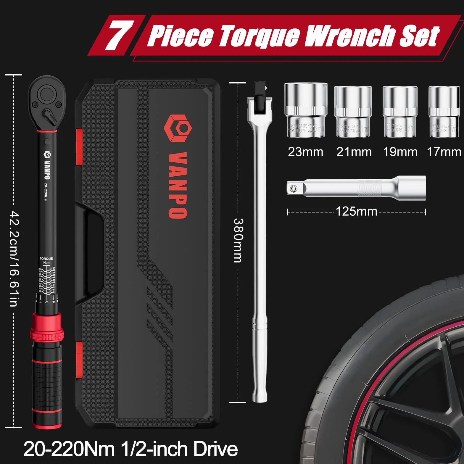 VANPO Klucz dynamometryczny 1/2", 20-220 Nm klucz dynamometryczny do samochodu i motocykla, 7-częściowy zestaw