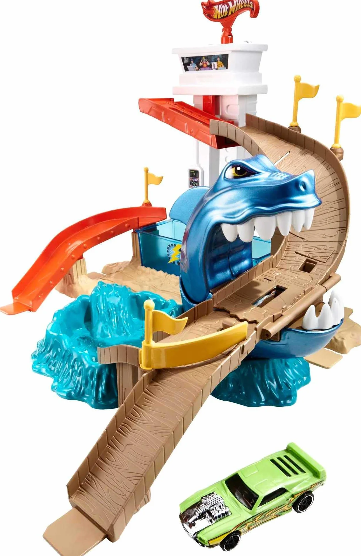 Hot Wheels Tor Starcie z rekinem Zestaw do zabawy z motywem rekina, zawiera samochód-resorak, zabawka dla dzieci od 4 lat, BGK04
