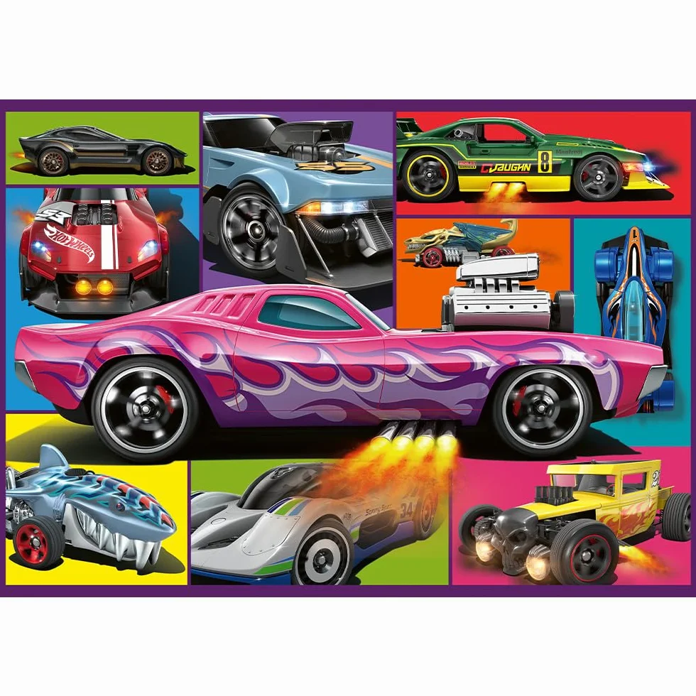 Trefl - Puzzle 4w1: Hot Wheels, Wyścigowe Auta - 4 x 250 Elementów - Zestaw Czterech Układanek dla Nastolatków