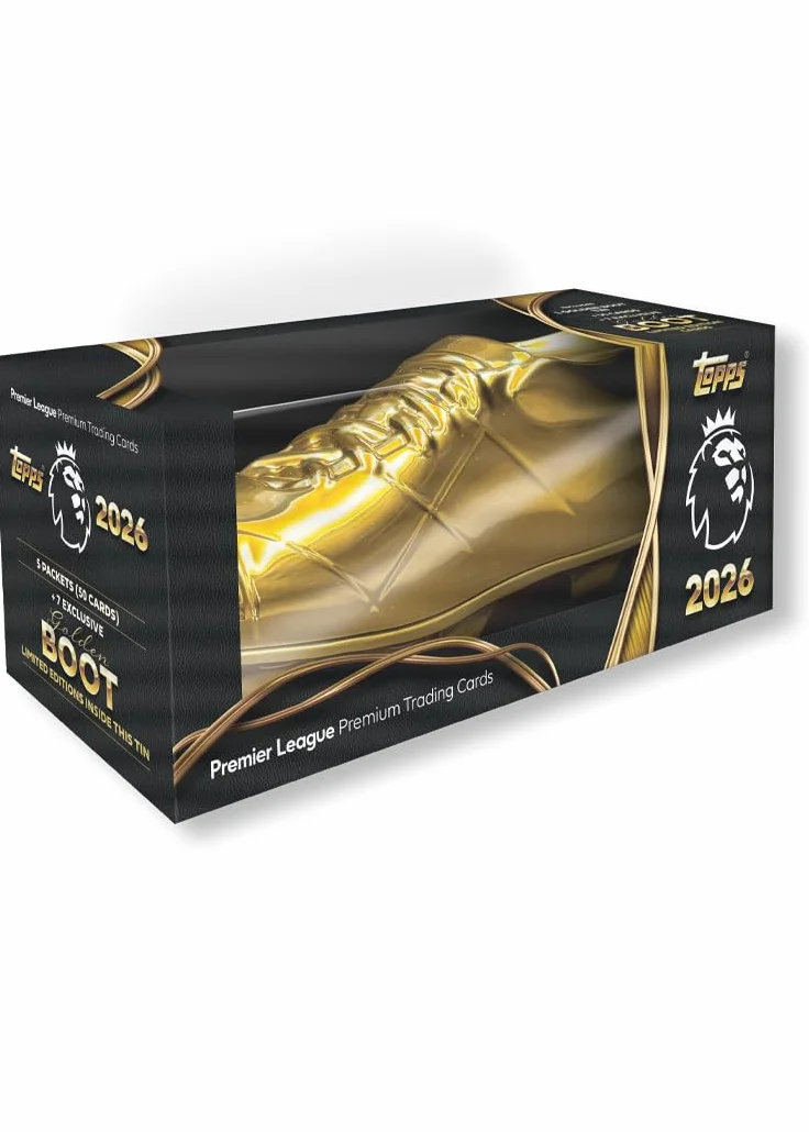 Topps Premier League 2026 - Debut Edition - Golden Boot Tin - zawiera 57 kart, w tym 7 ekskluzywnych kart Golden Boot LE