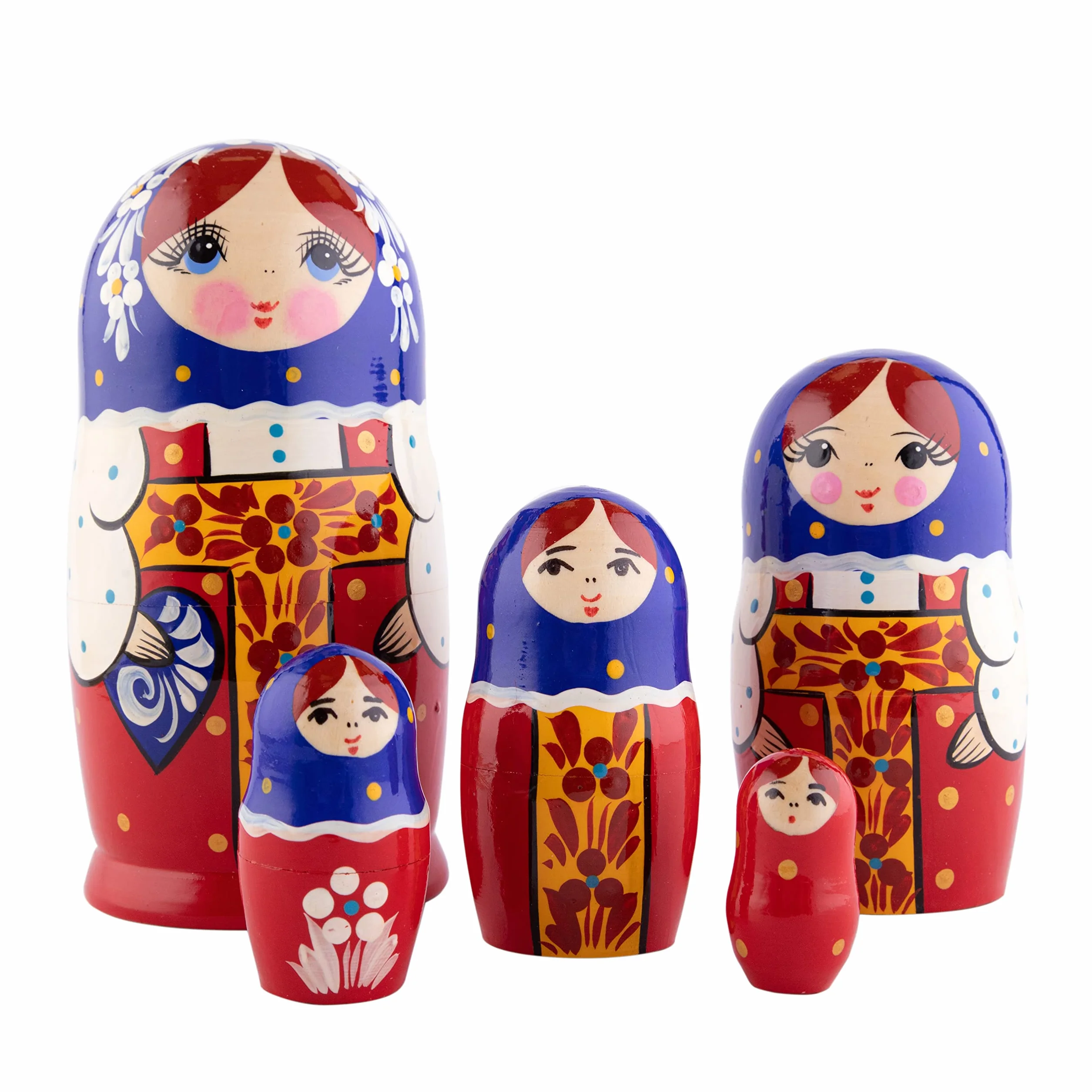 Heka Naturals Czerwony Sarafan Lalki Gniazdujące | Zestaw Lalek Matryoshka w Całości z Naturalnego Drewna 5 (18 cm) - Tradycyjne Dekoracje do Domu Babushka, Drewniane Zabawki do Układania w Stosy