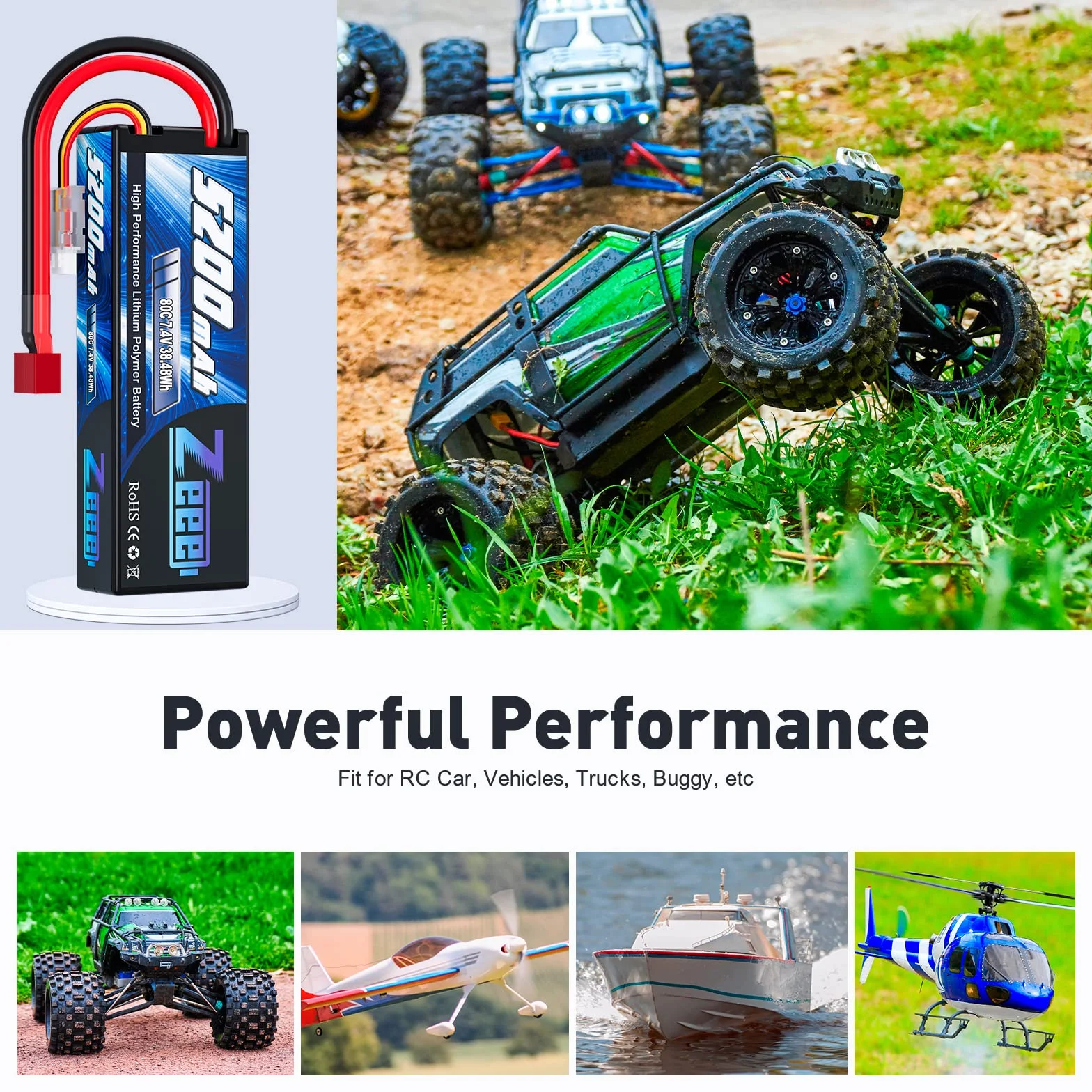 Zeee 2s lipo Bateria 5200mAh 7,4V 80C RC Bateria, z wtyczką Deans T, do RC Evader BX Auto Car Truck LKW Truggy RC Hobby (2 sztuki)