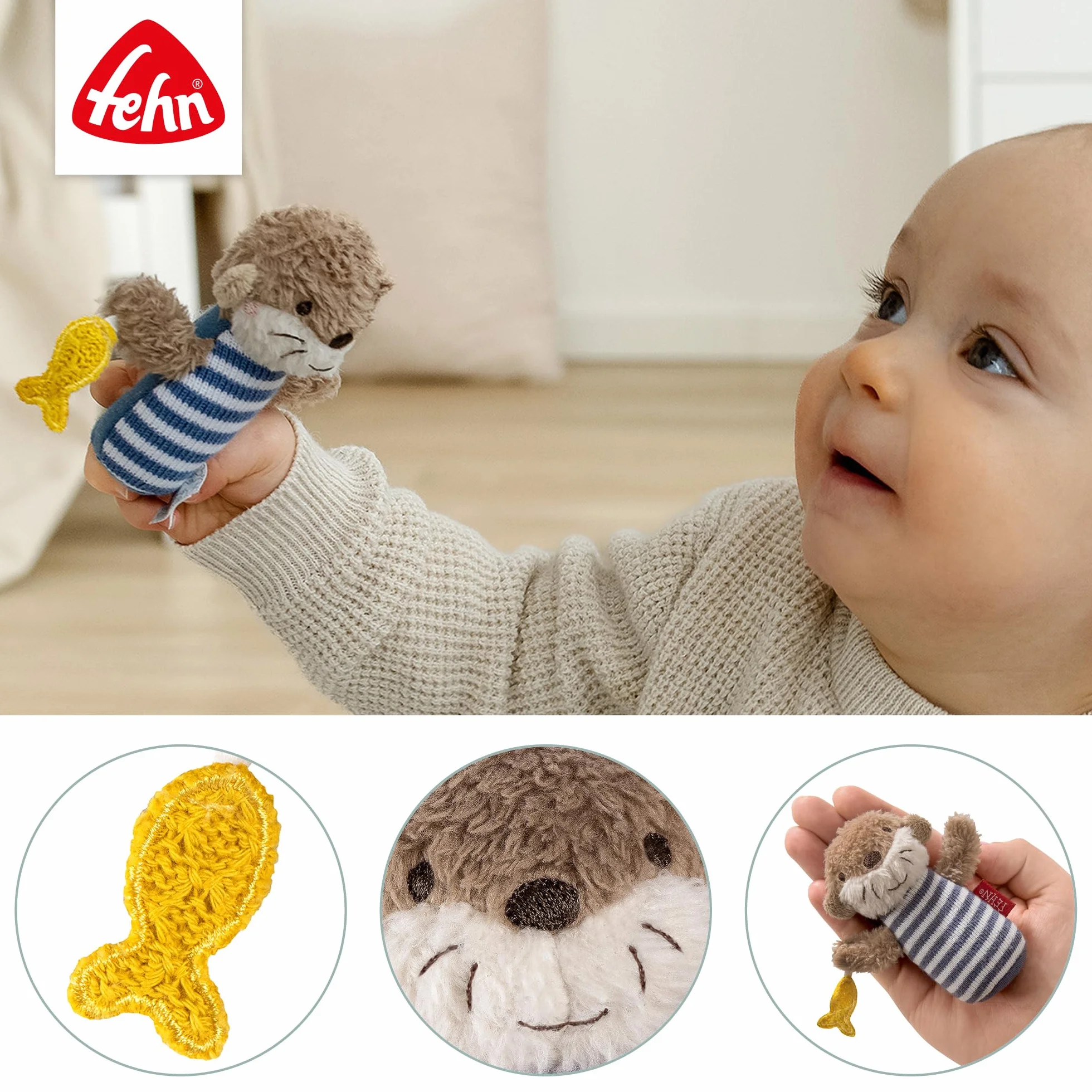 Fehn Mini-Rassel Otter – Mini-Greifling zum Rasseln, Fühlen, Spielen mit kuschelweichem Stoff-Tier – ein treuer Begleiter für Babys und Kleinkinder ab 0+ Monaten