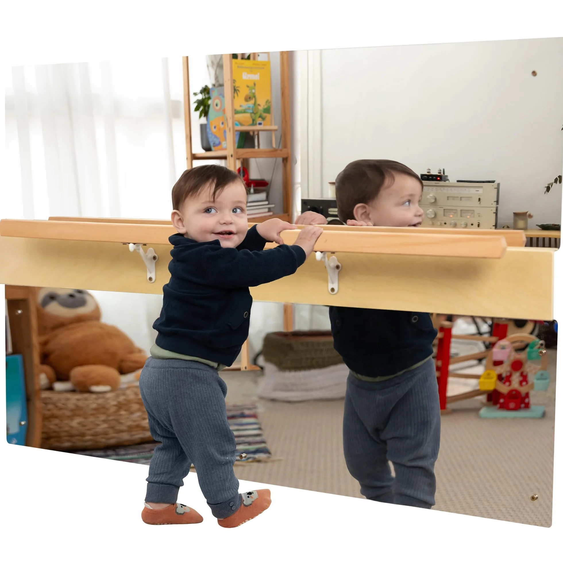 ODOXIA Lusterka Montessori z drążkiem dla małych dzieci | Lusterko Montessori do podciągania się do stawania i chodzenia | Lusterko ścienne dla dzieci z drążkiem do podciągania się | Drewniana poręcz