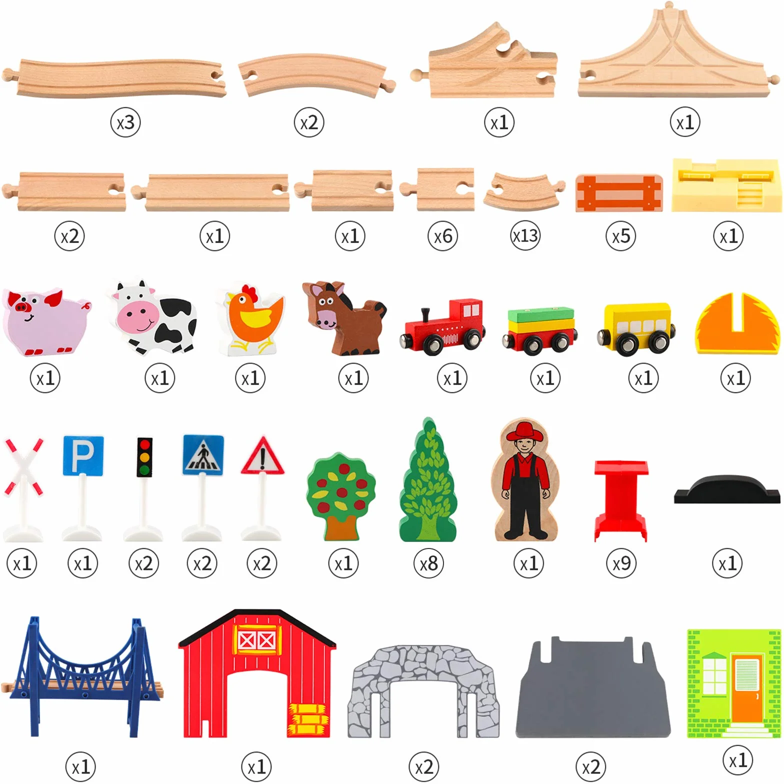 Jacootoys 80 SZTUK Drewniane Pociągi Zestaw Torów Edukacyjna zabawka konstrukcyjna dla dzieci w wieku 3+ lat Dziewczęta Chłopcy