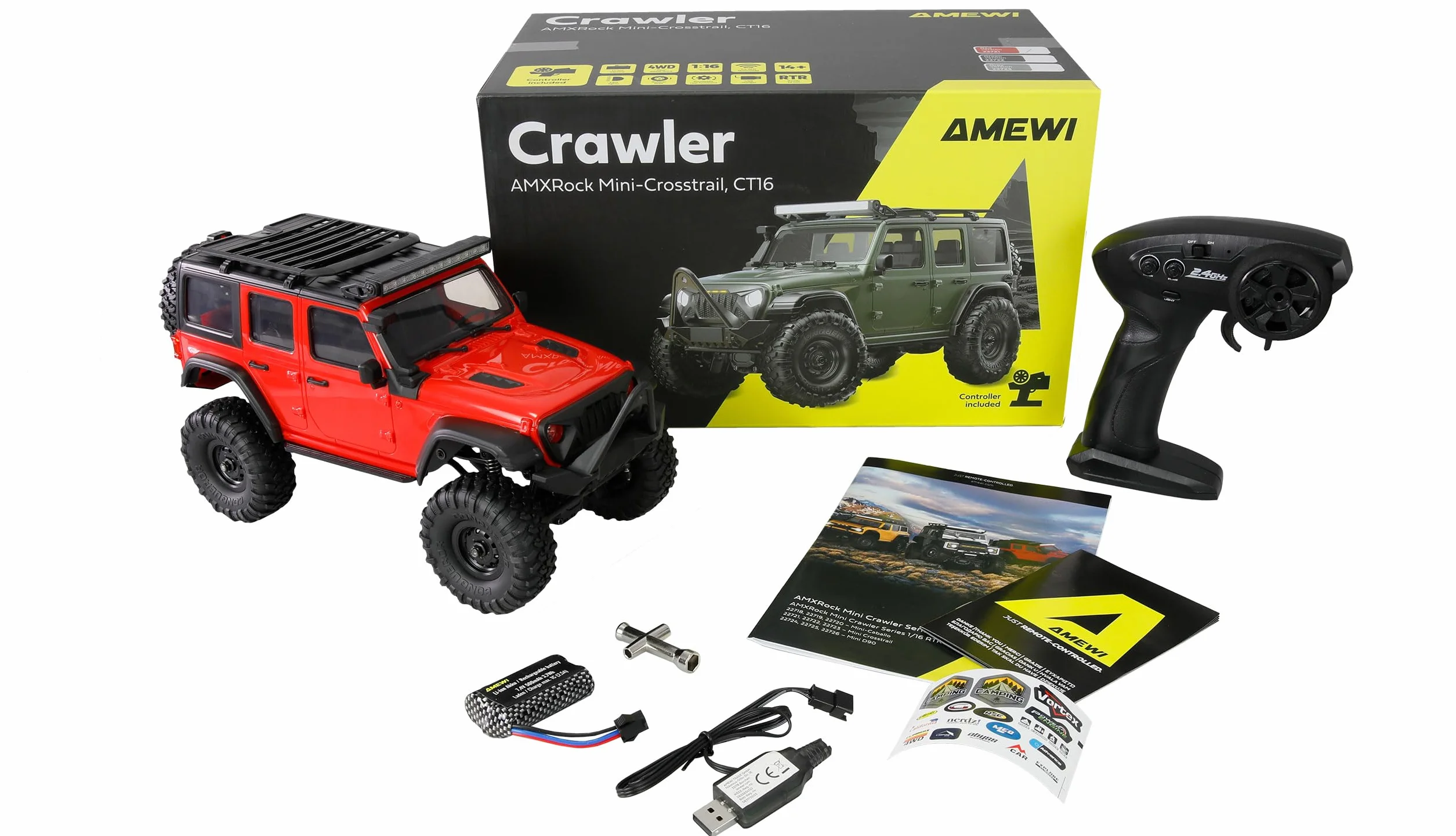 Amewi AMXRock Mini-Crosstrail Scale Crawler 4WD 1:16 RTR czerwony z pilotem zdalnego sterowania, akumulatorem, kablem do ładowania