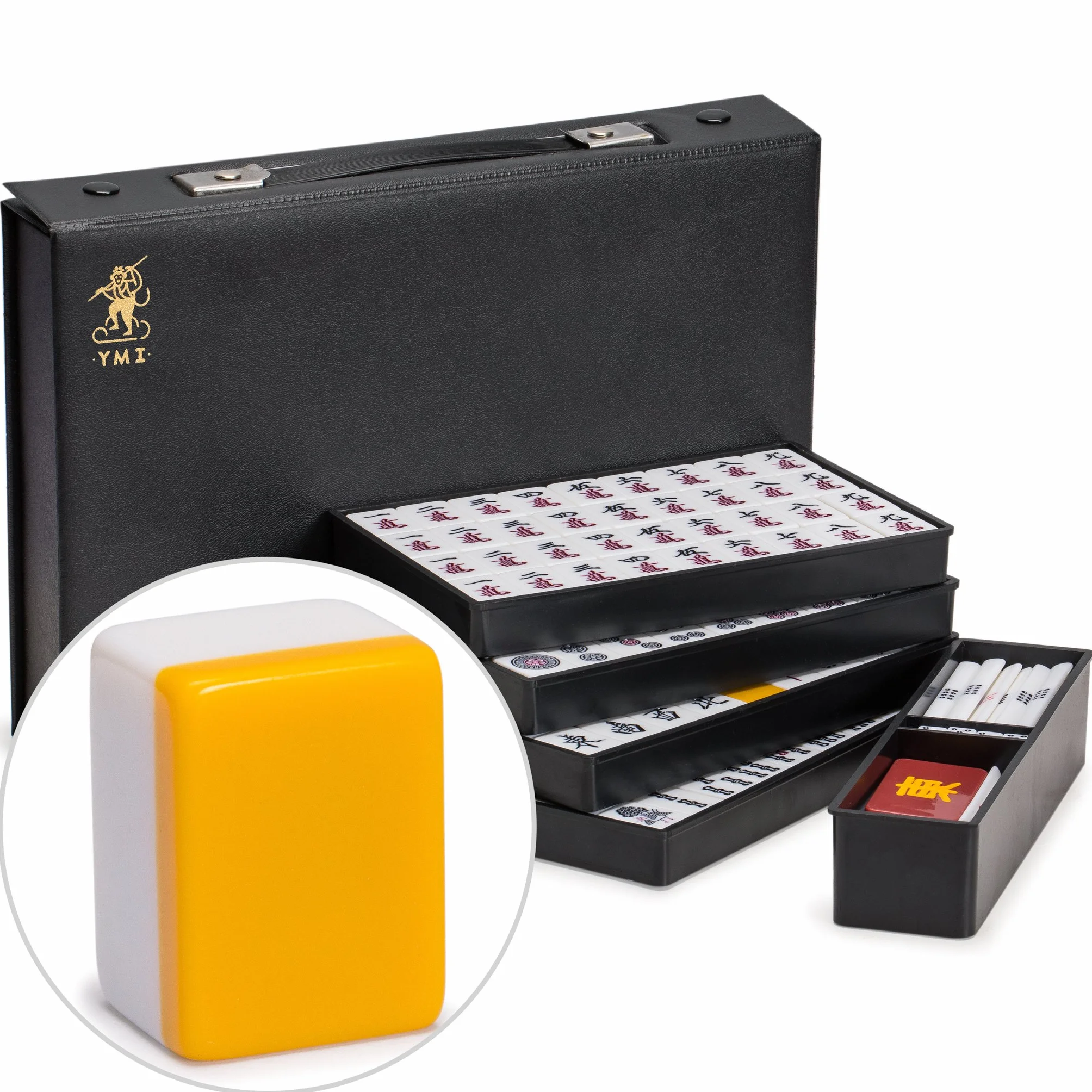 Yellow Mountain Imports Japoński zestaw Riichi Mahjong - białe i żółte płytki w standardowym rozmiarze - z płytkami East Wind i czarną obudową winylową
